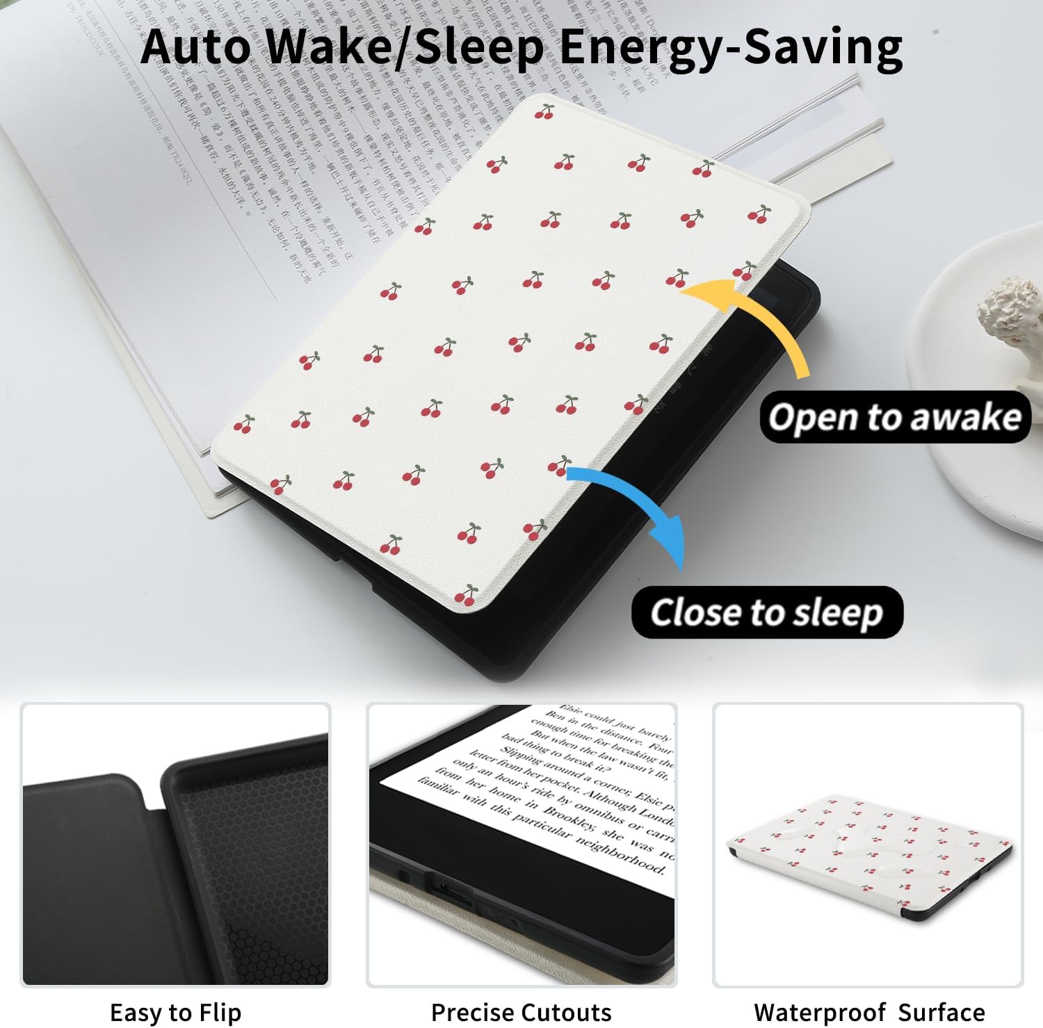 Cute Cherry Case Compatible with Kindle Paperwhite 12th Generation 7 Inch & for Kindle Colorsoft Signature Edition 2024 with Hand Strap PU Leather Folio Cover Auto Sleep/Wake