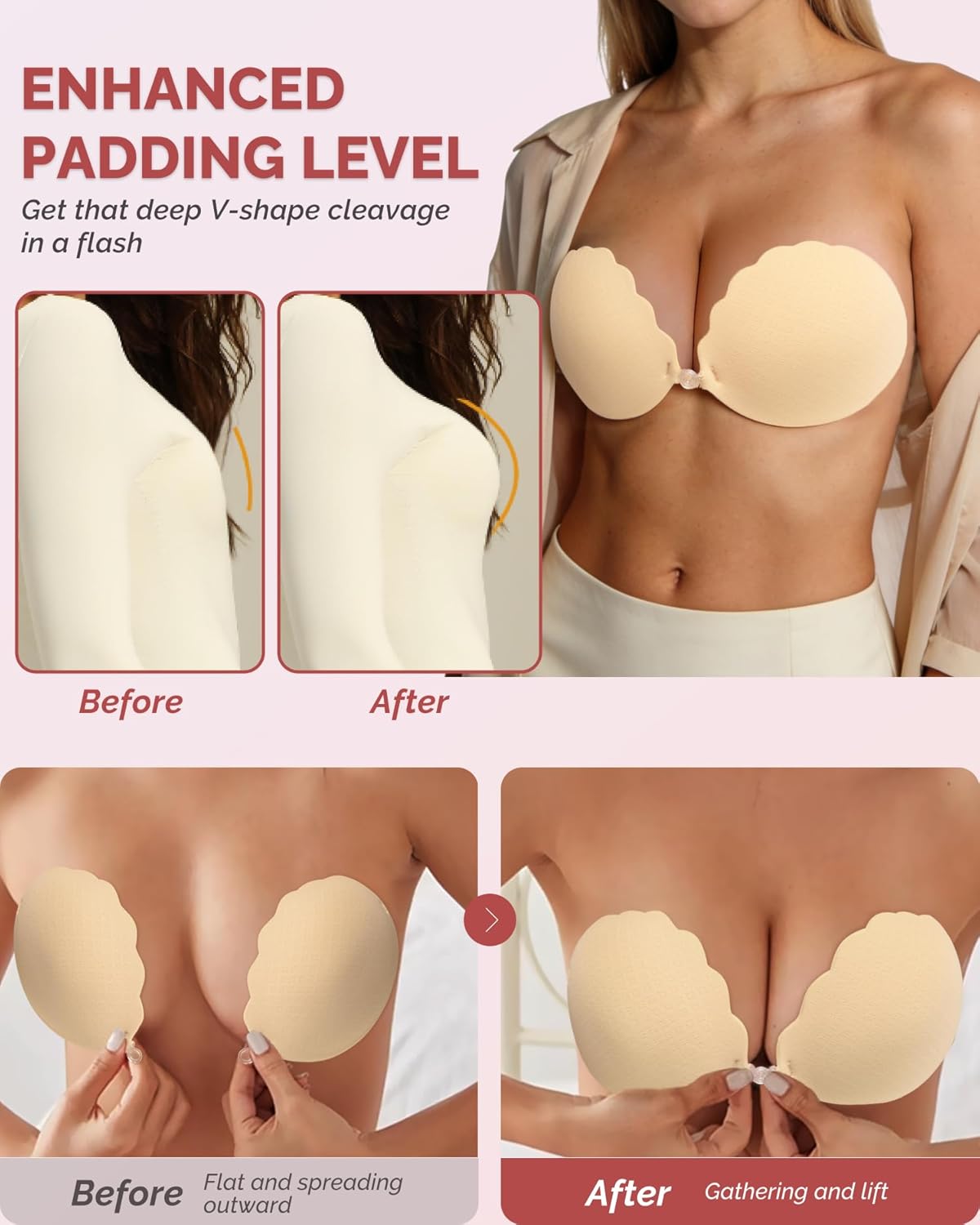 Push Up Sticky Bra, Thick Padded Adhesive Invisible Backless Strapless Bra for Women - Image 6