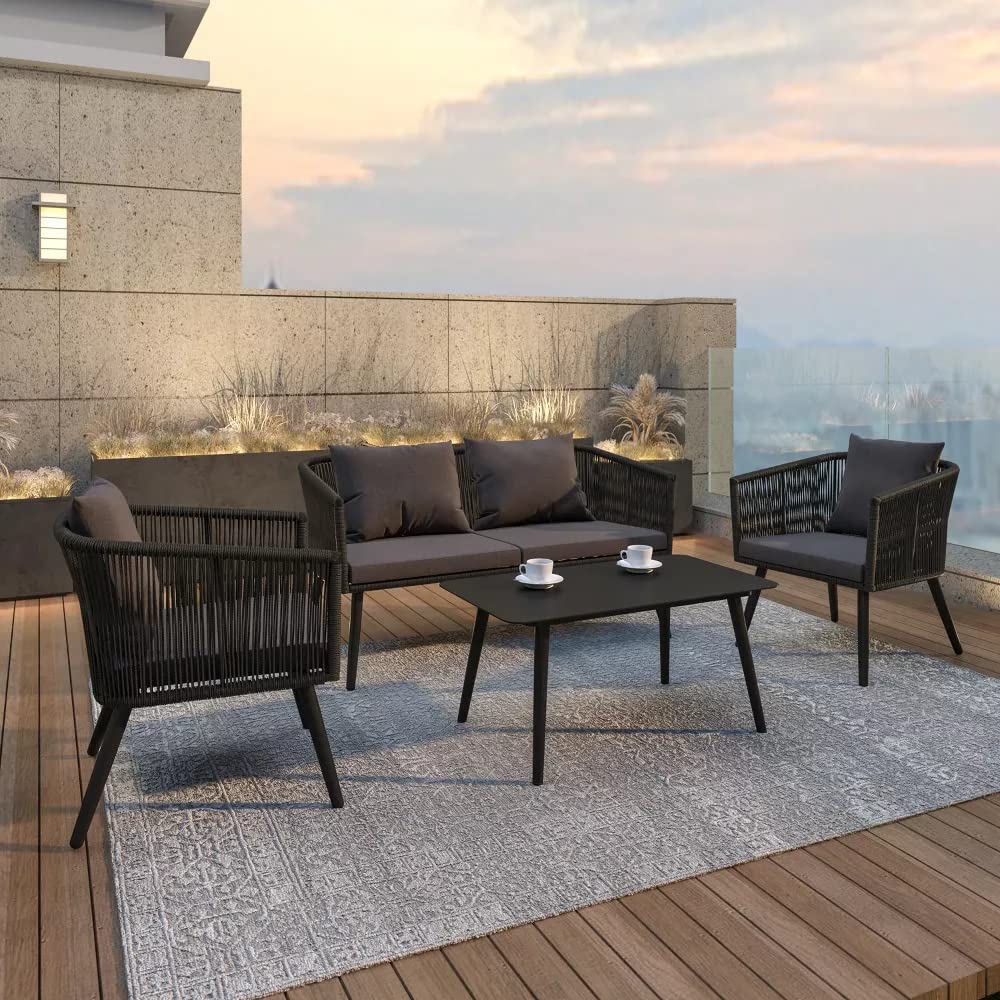 DEVOKO Outdoor and Indoor 4 Seater Sofa with Center Table and Cushion Rope Chairs Set for Garden, Balcony (Black & Dark Grey)