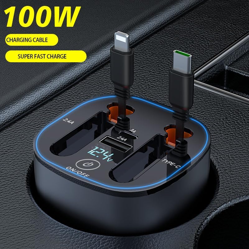 Miniatura 2 de MQOUNY Cargador retráctil para automóvil con cables retráctiles duales, adaptador de carga rápida USB C de hasta 100 W, cargador de teléfono rápido