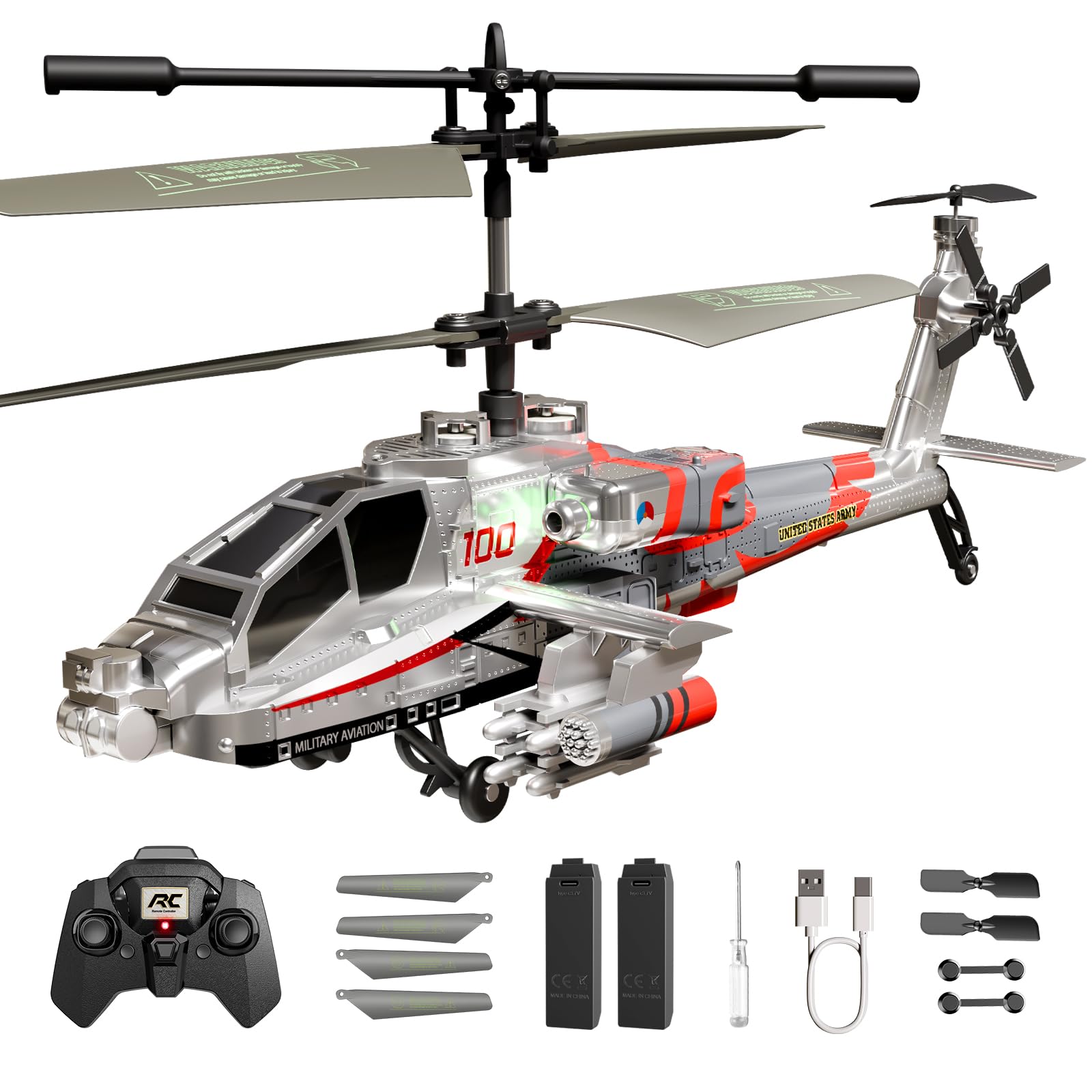 XIKOTEC RC Helicopter, Military Remote Control Helicopter Toy for Kids, Beginners and Adults with Altitude Hold, Gyro & LED Light, 2Batteries&USB-C Charging, Gift for Kids Adults Beginner(Silvery)