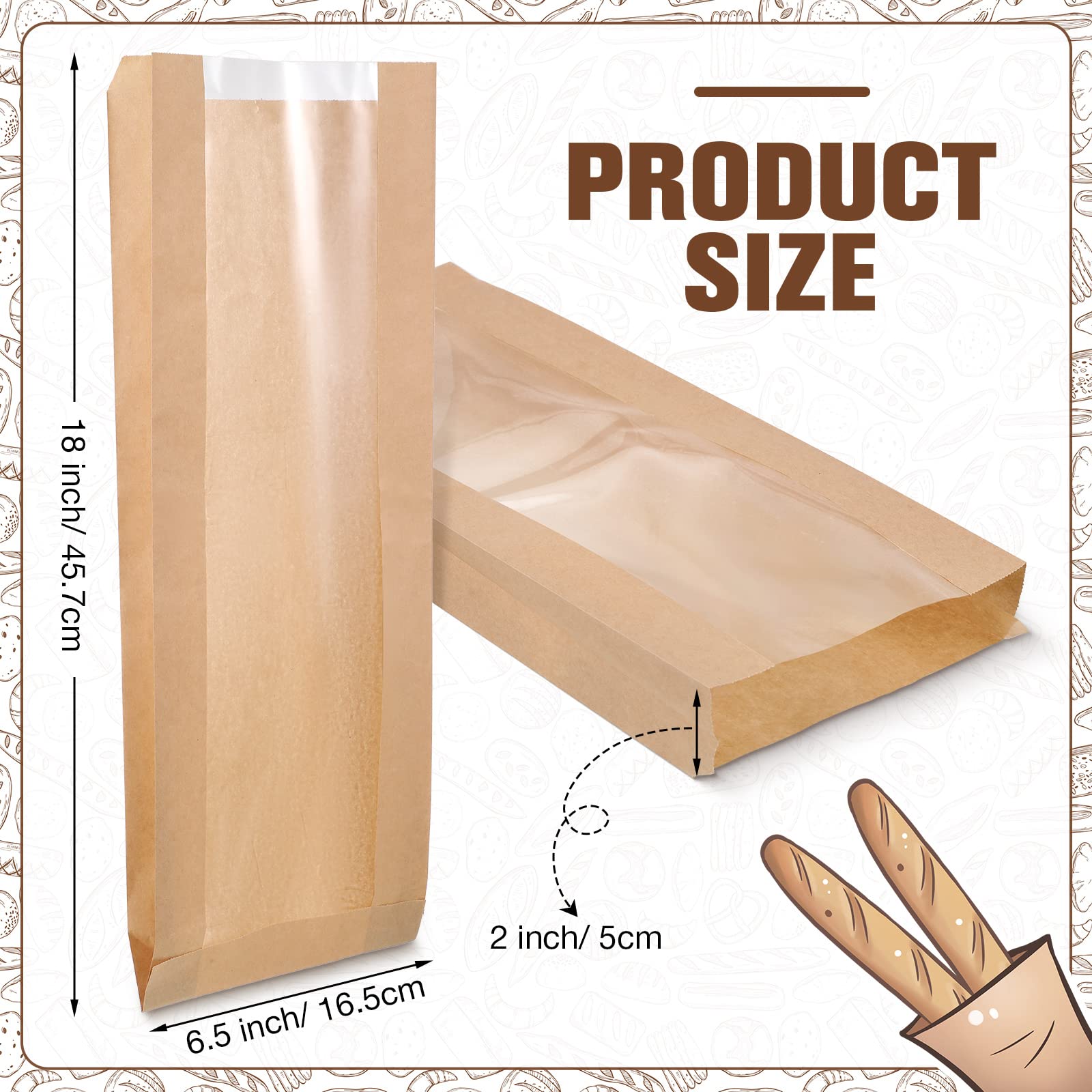 100 bolsas de pan de papel con ventana para bolsas de pan caseras, bolsas de almacenamiento de pan de papel kraft marrón, embalaje largo de galletas francesas (6.5 x 2 x 18 pulgadas) 2