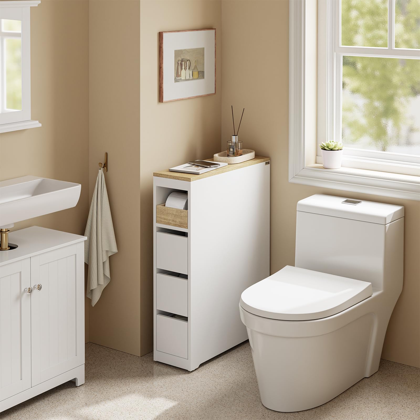 SoBuy Mobiletto Bagno Salvaspazio Stretto 20cm con Ruote 60x20x82.3cm | Mobile con 3 Cassetti In Legno Compatto per Bagni Piccoli, WC E Cucina, Bianco, BZR54-K-W