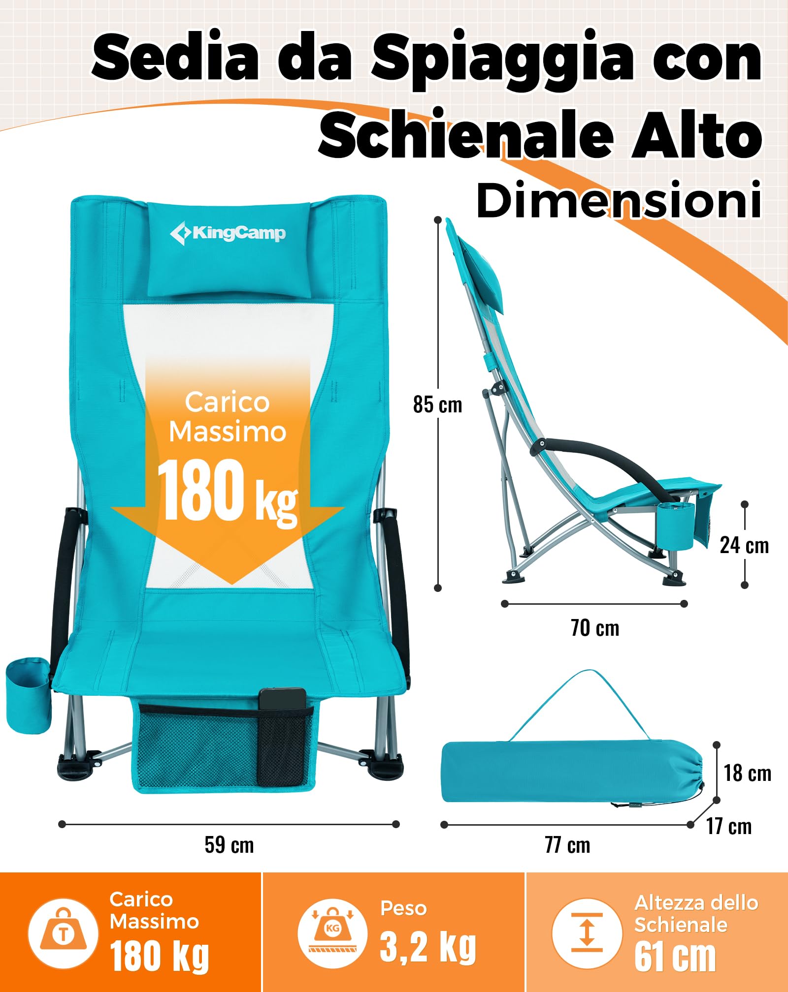 KingCamp Set di 2 Sedie da Spiaggia Pieghevoli Portata 180kg Cuscino Imbottibile Ciano