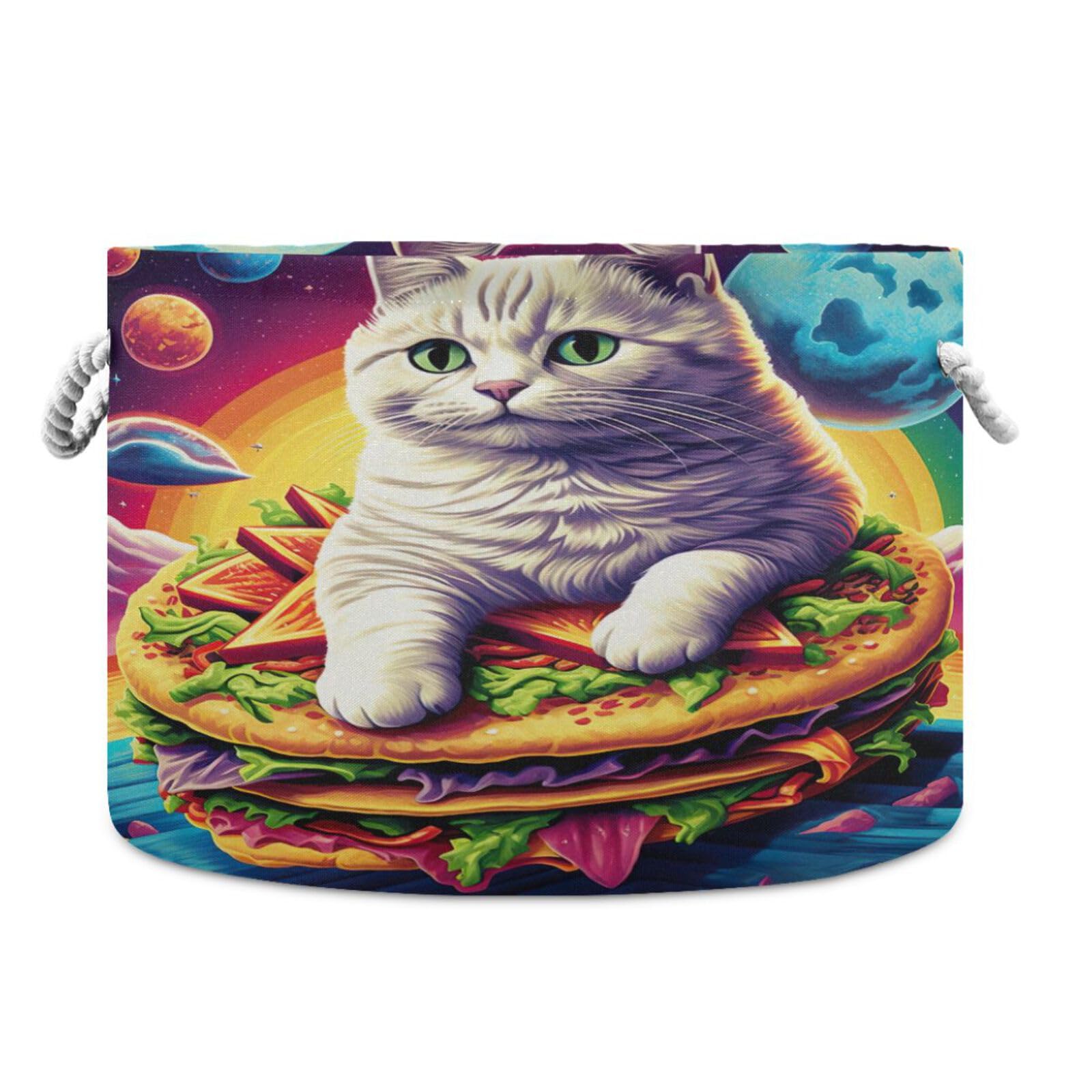 Round Space White Cat Taco Storage Basket Large Organizer Bin Laundry Hamper Toy Storage Basket with Handle for Nursery Clothes Toys 202b4751