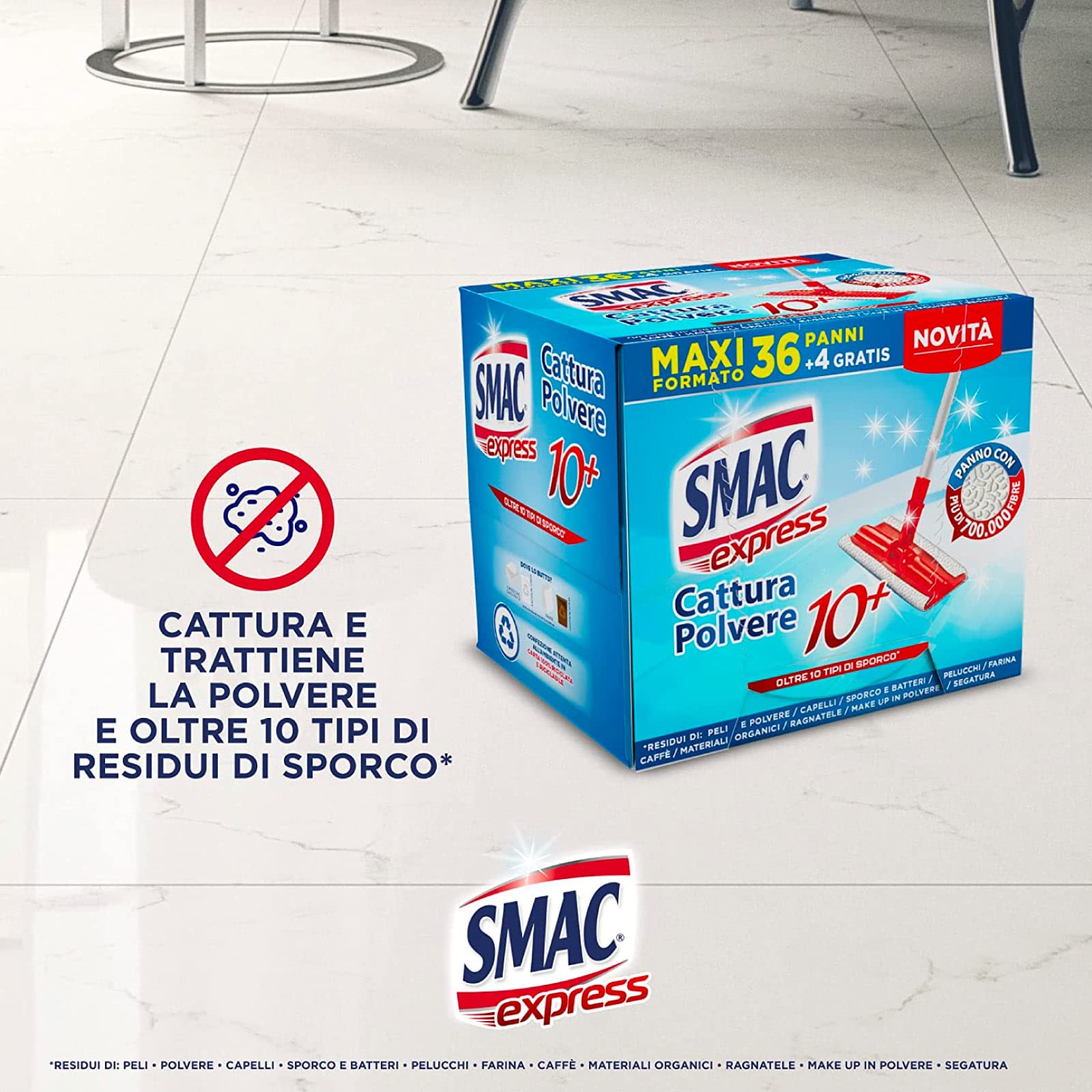 Smac Express - Panni Cattura Polvere Compatibili con Ogni Scopa, 320 Panni Cattura e Trattiene Polvere Adatti a Tutti i Pavimenti, 8 Confezioni