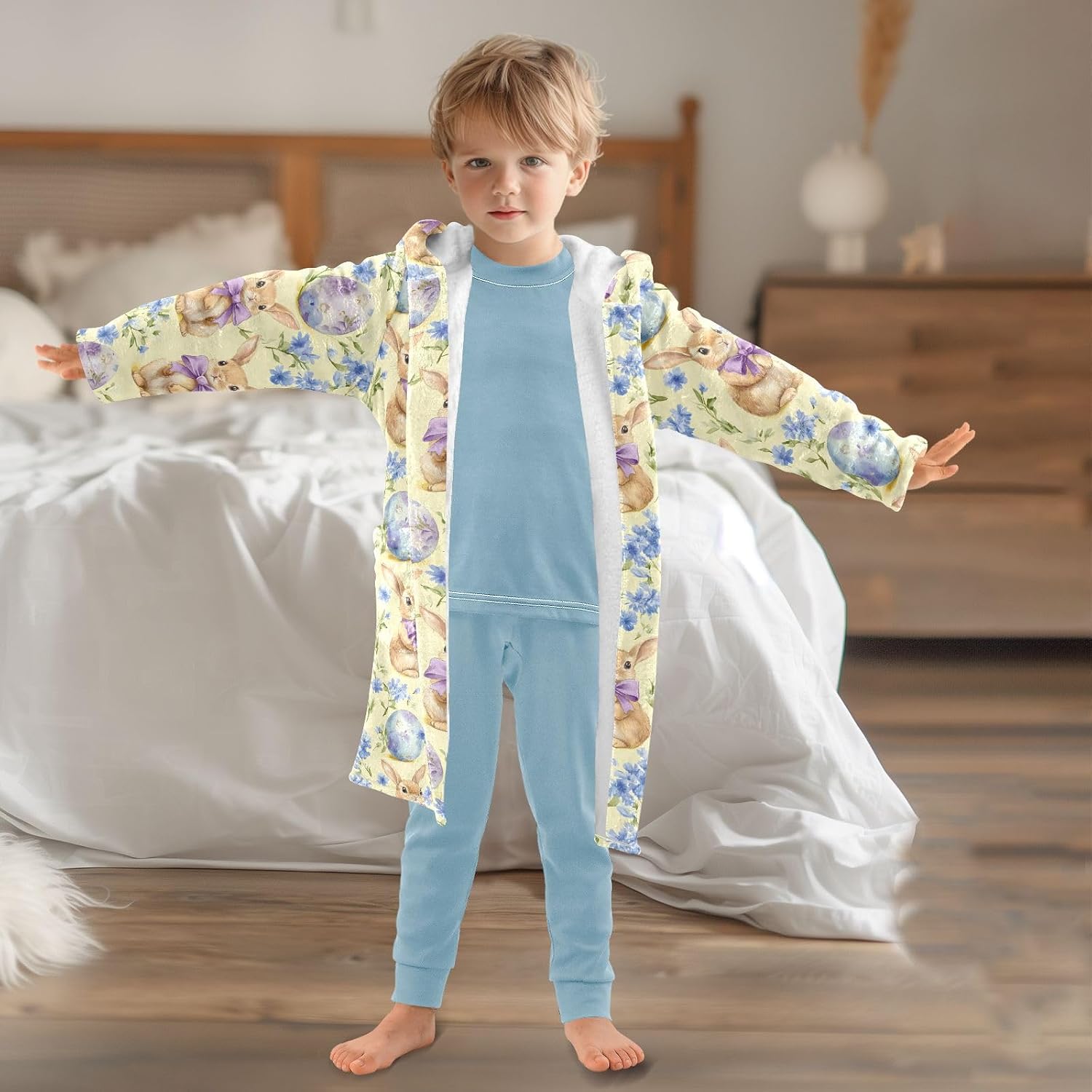 senya Easter Bunnies Eggs1 Toddler Hooded Bathrobe Kids Soft Plush Bath Towel Robes for Boys Girls 2-12 Years