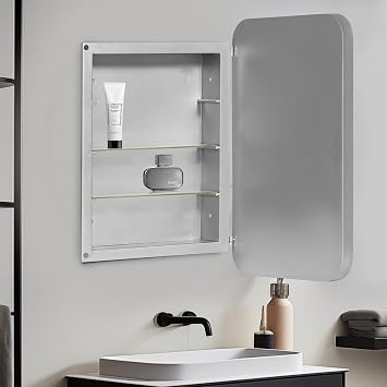 soges Silver Medicine Cabinet Mirror with 2 Storage Shelves, 24x16 Recessed Medicine Cabinet with Mirror for Bathroom, Wall Mounted Deep Metal Framed Rounded Corner Rectangle