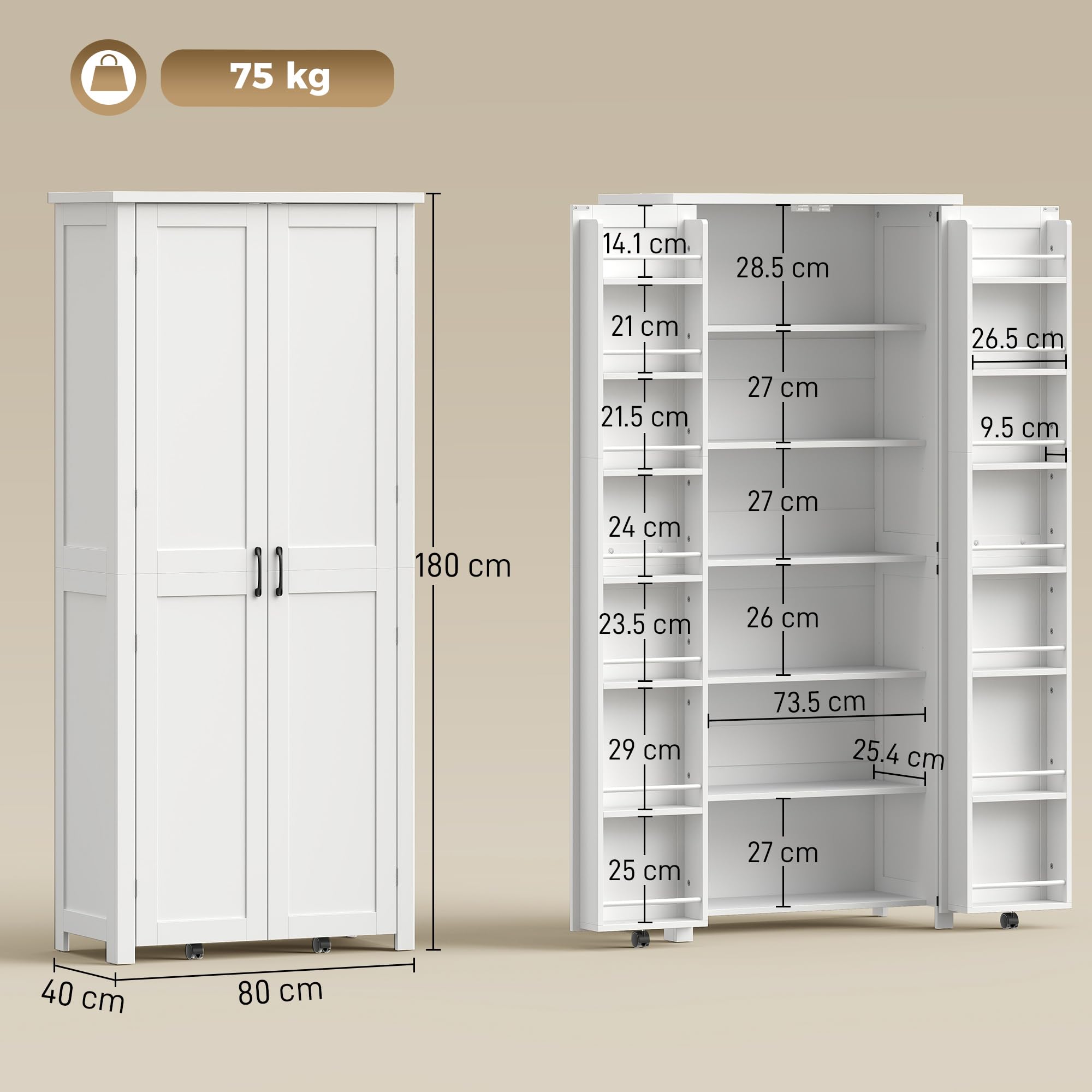 HOMCOM Credenza Cucina Alta 180cm, Mobile Dispensa con Ruote, Doppie Ante, 6 Ripiani, 14 Scomparti Portaspezie sulla Porta, Ripiani Regolabili, Mobile Cucina per Sala da Pranzo Soggiorno, Bianco