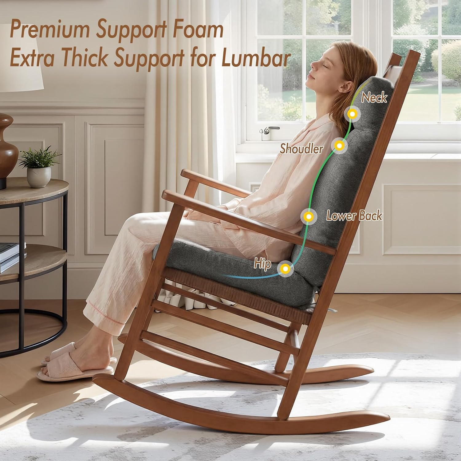 Rocking Chair Cushion, Set of 2, with Thicken Seat & Lumbar Support Back Cushion, Ergonomic Chair Cushion Non-Slip Bottom with Ties for Indoor/Outdoor Rocker, Office Chair, 22X17 Inch, Light Grey