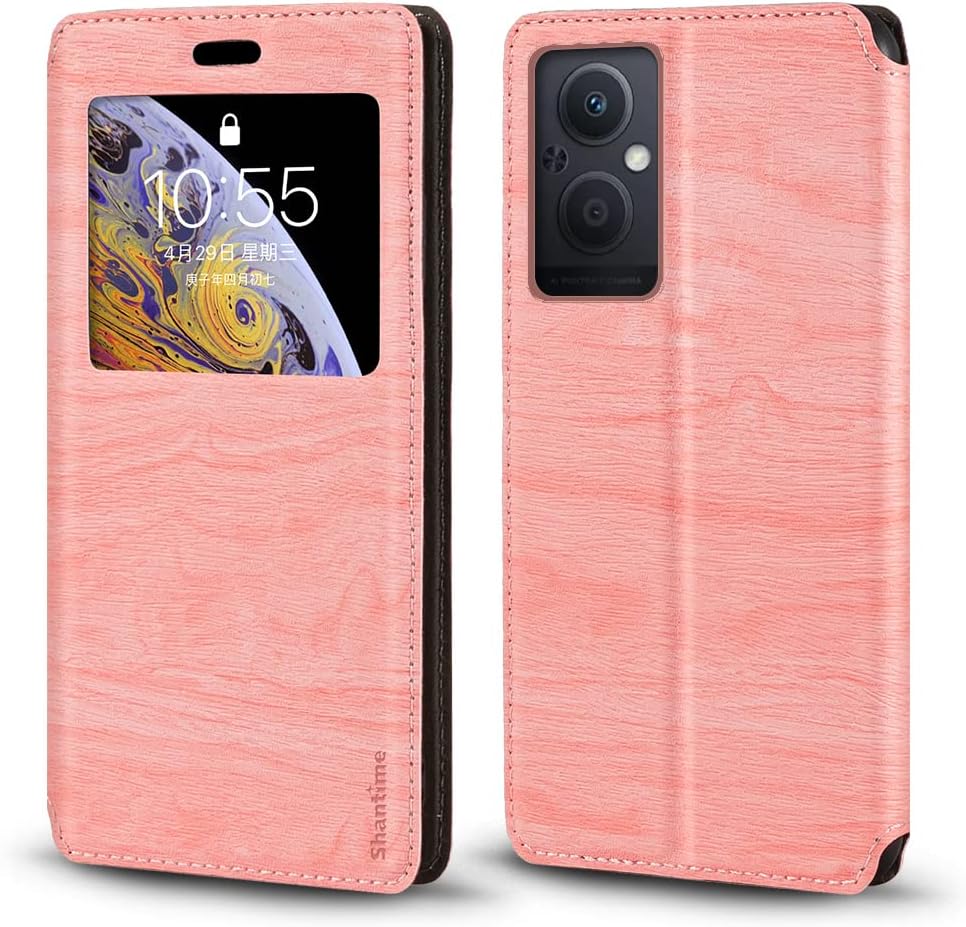 Viewable Window Leather Flip Case Compatible with OPPO Reno 7Z 5G, Elegant Design Clear Display Invisible Magnetic Cover and Card Slot(Pink)