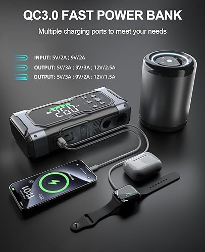 Miniatura 8 de Arrancador de 9000 A con compresor de airedeflector de 150 PSI, amplificador portátil de 12 V para automóvil (todo a gas14 L diesel), paquete de