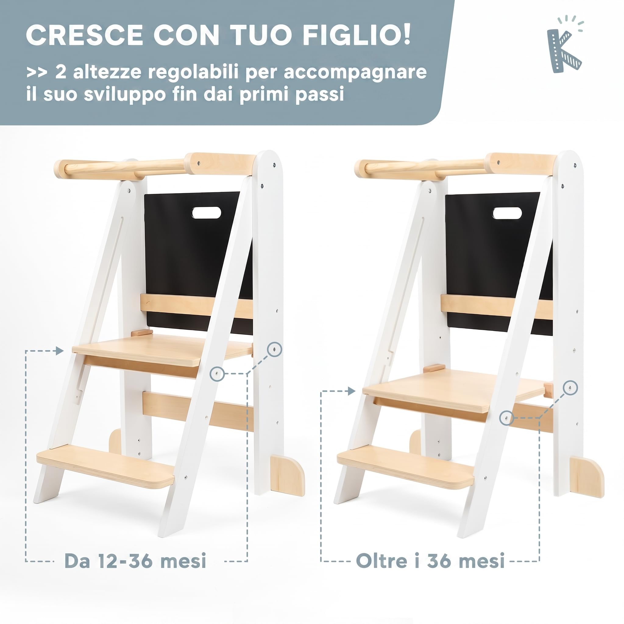 Torre Montessoriana Bambini Premium, Torre Montessoriana Pieghevole con 2 Altezze Regolabili, Lavagna Removibile, Design Nordico Compatto – Marchio Impegnato nella Riforestazione Globale