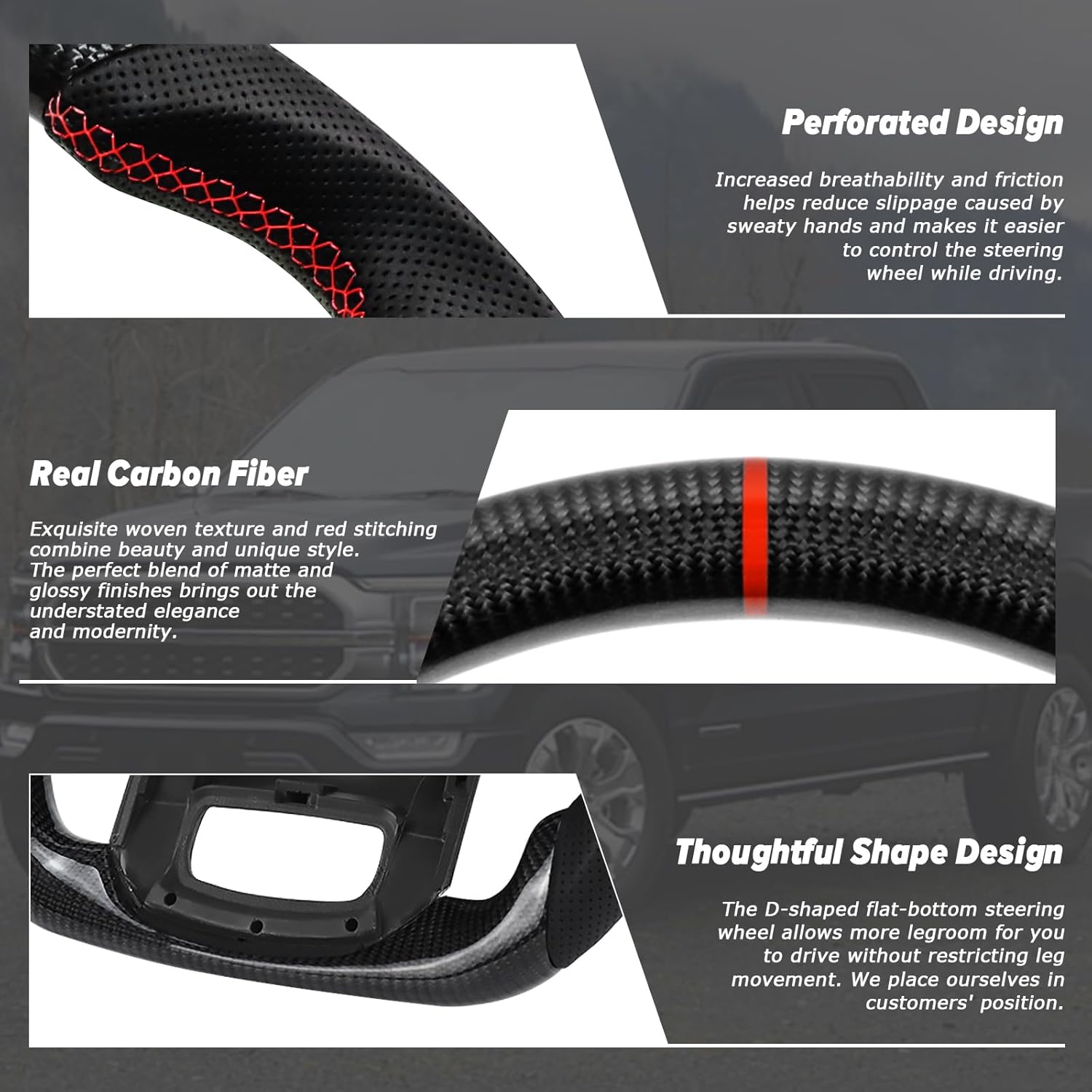 LOSCHEN Carbon Fiber Steering Wheel for F150 2021-2024, D-shaped Flat-bottom Steering Wheel Preforated Leather Grip, Real Carbon Fiber(without Paddle Shifters Models)