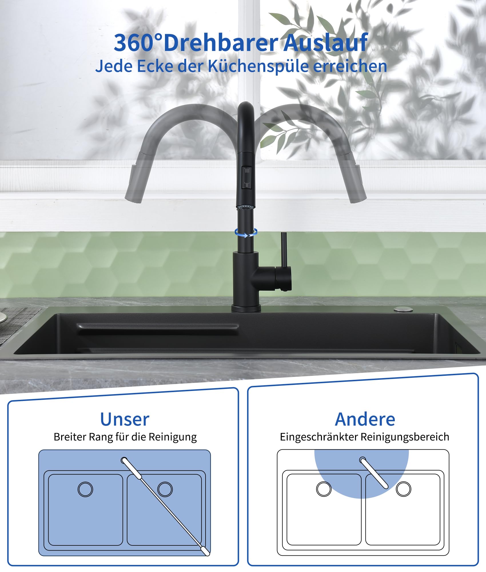 Grifo De Cocina Negro,Grifo De Cocina De Alta PresióN Con Ducha ExtraíBle,Grifo Extensible De Cocina Giratorio 360°,Dos Funciones De PulverizacióN,Grifo Mezclador De Acero Inoxidable