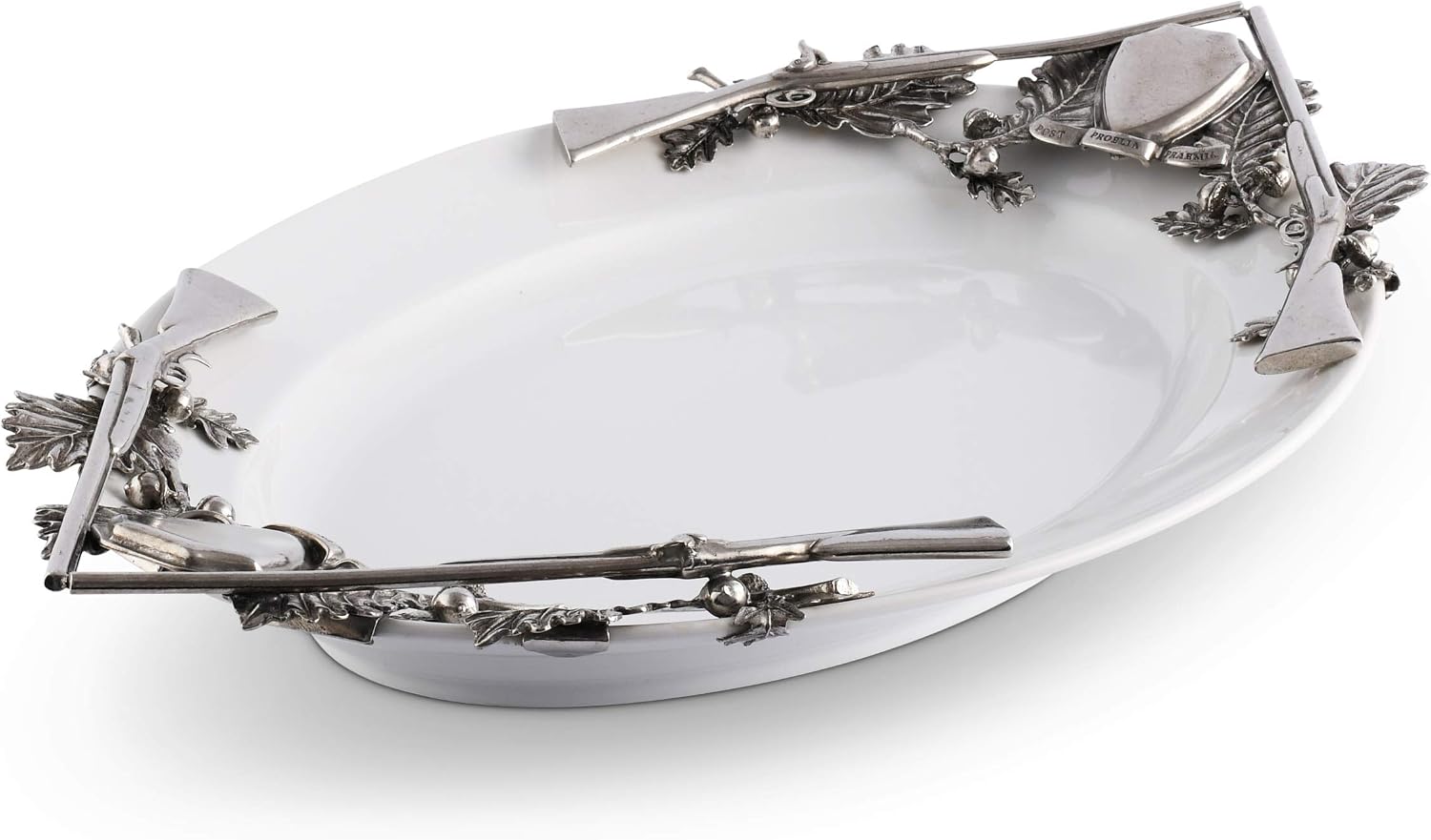 Vagabond House Stoneware Tray with Pewter Metal Hunt Shotgun Handles Woodland Platter 24 inch x 14 inch