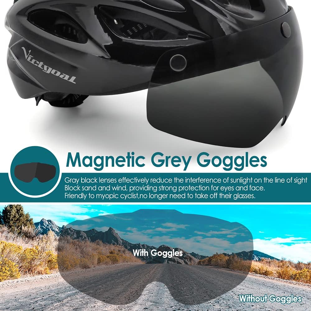 Victgoal Adults Bike Helmet for Men Women Detachable Magnetic Goggle Visor Bicycle Helmet with LED Rear Light Cycling Road Mountain Cycle Helmet (Black) - Image 4