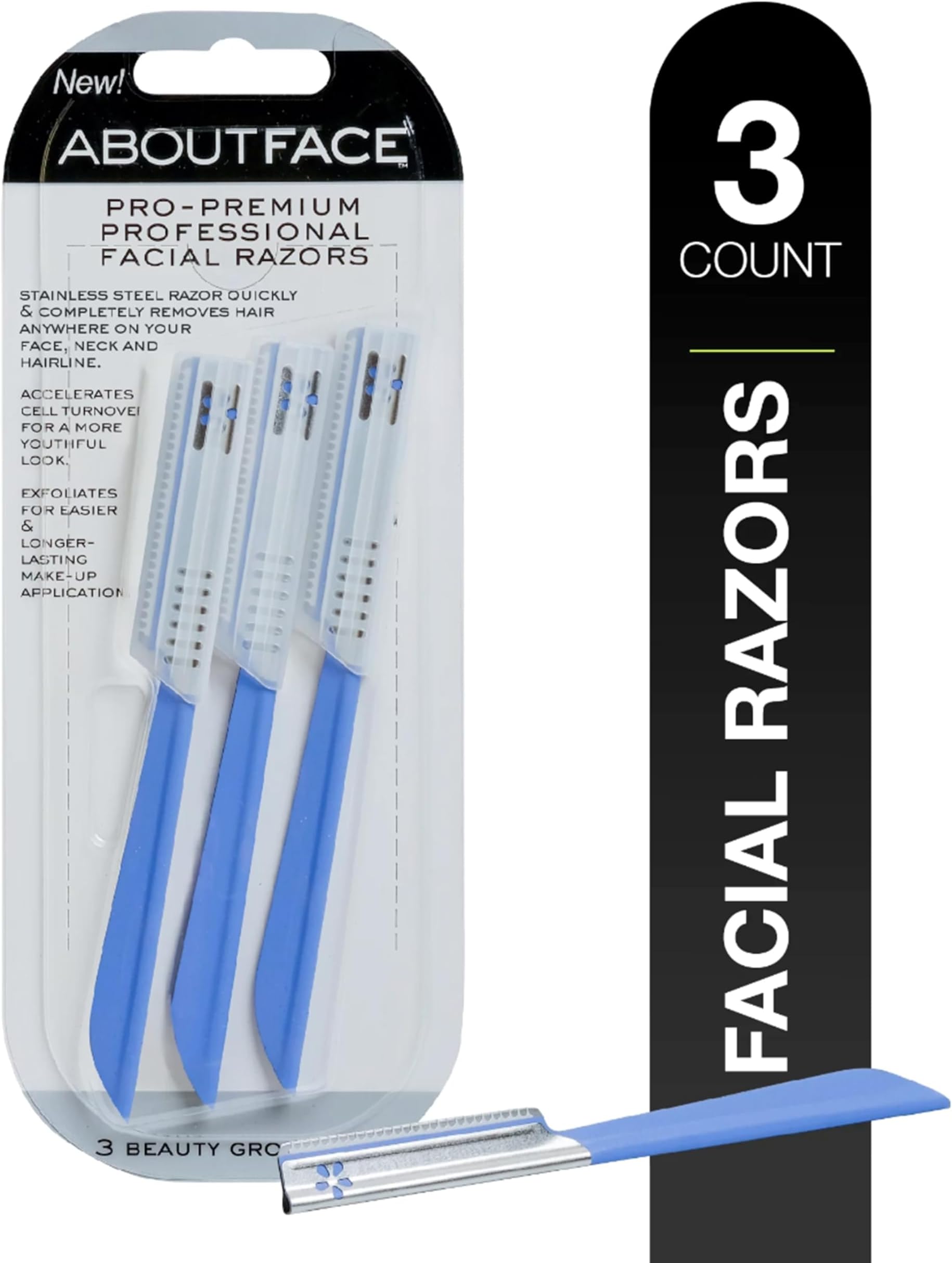 About Face Kai Pro-Premium Professional Facial Razors; 3 Beauty Groomers per Package; Stainless Steel Razors for Hair Removal and Dermaplaning from Face, Neck, & Hairline