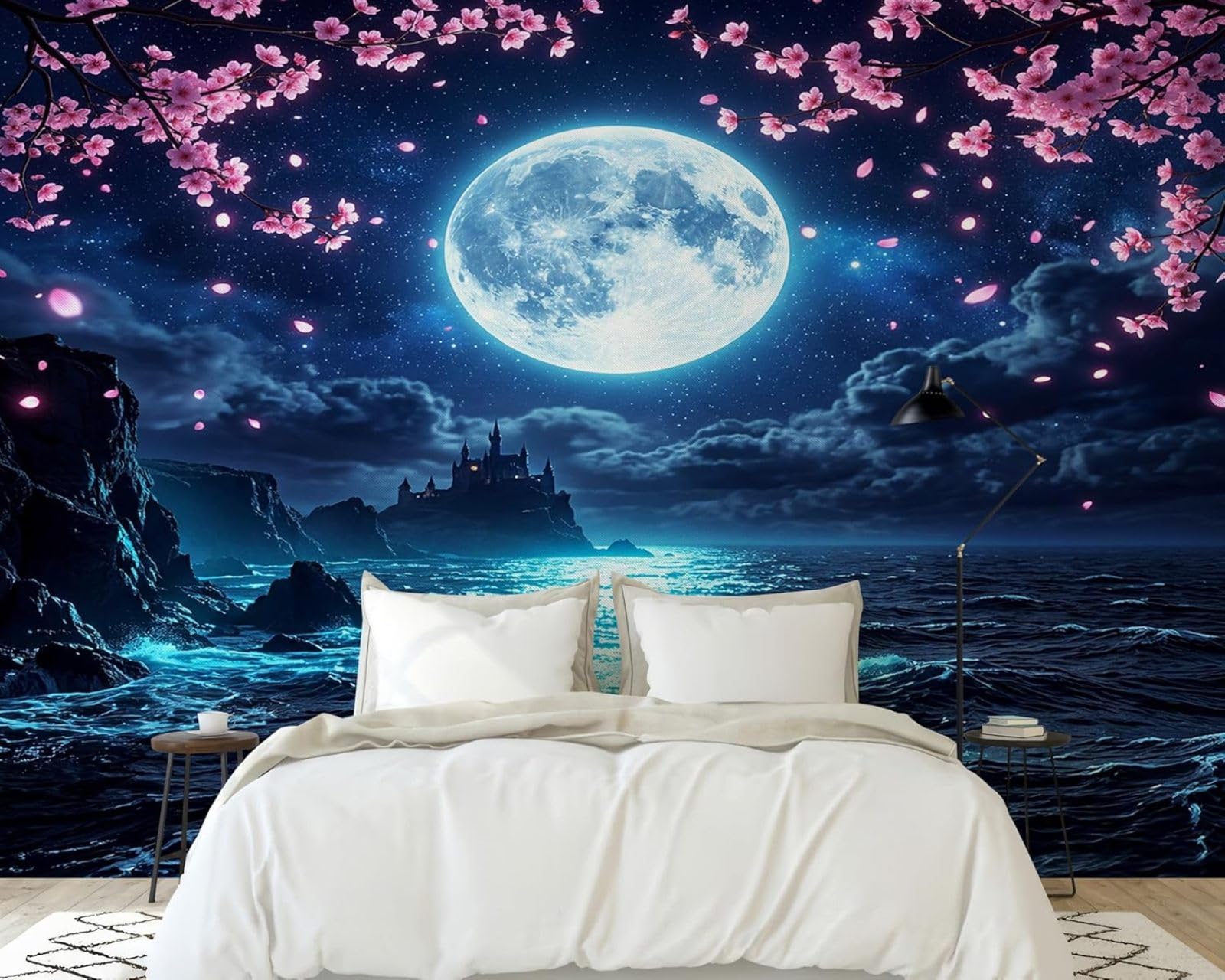 Hgjdjhnf 3D Mural Photo Wallpaper Moon Sea Pink Cherry Blossoms Modern Wall Mural Bedroom Children's Room Wall Decor Motif Wallpaper, 430Cm X 300Cm Wall Sticker - Background Wall - Painting - Poster