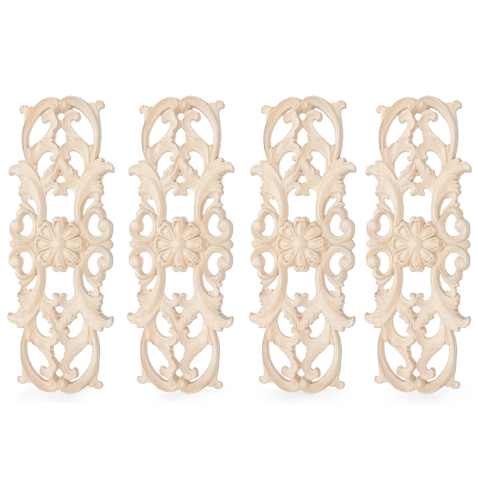 Vilanca 4 Pcs Decorative Wood Carved Appliques Onlays, 3 x 9 inch Unpainted Solid Wood Round Carving Decal for Furniture Cabinet Bed Wardrobe Closet DIY Decoration (9 * 3inch-4pack)