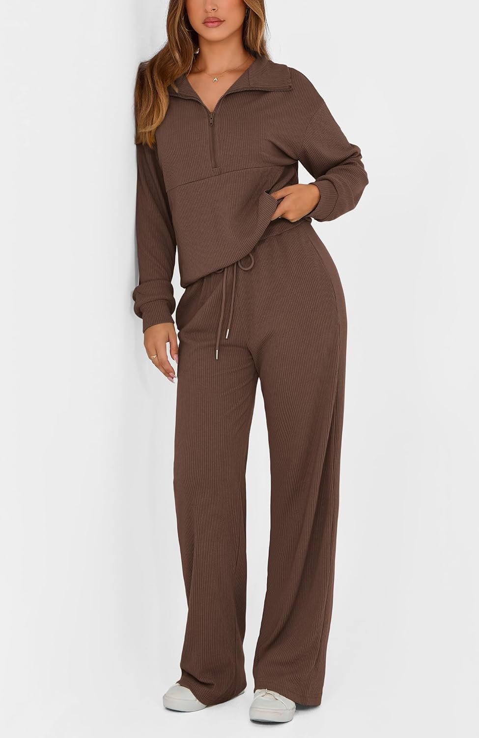 BTFBM Womens 2 Piece Sweatsuits Set Long Sleeve Half Zip Pullover Sweatshirt Wide Leg Sweatpants Fall Outfits Tracksuit