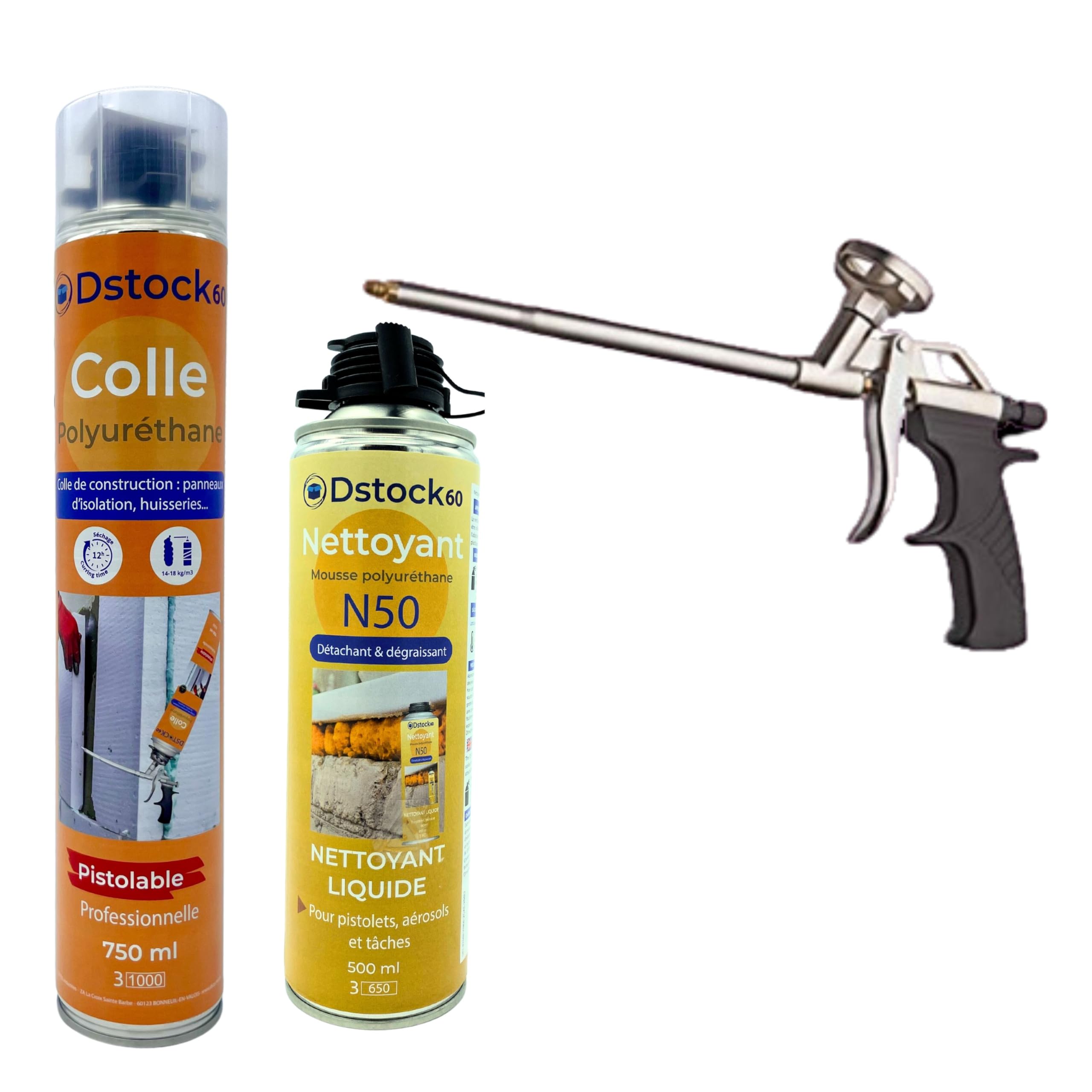 DSTOCK60 - Lot de 3 colles de montage polyuréthane + 1 pistolet + 1 nettoyant mousse - Mousse polyuréthane faiblement expansive pour le collage des panneaux isolants, rouleaux de bitume, huisseries