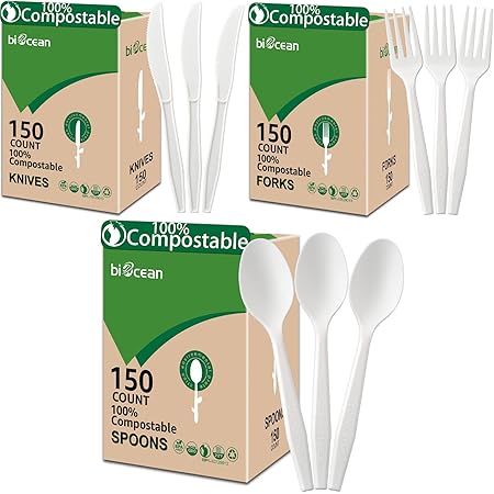 biocean100% Compostable No Plastic Knives Plastic Forks Plastic Spoons Plastic Utensils, The Heavyweight Heavy Duty Flatware is Eco Friendly Products for Lounge Party Wedding BBQ Picnic Camping.