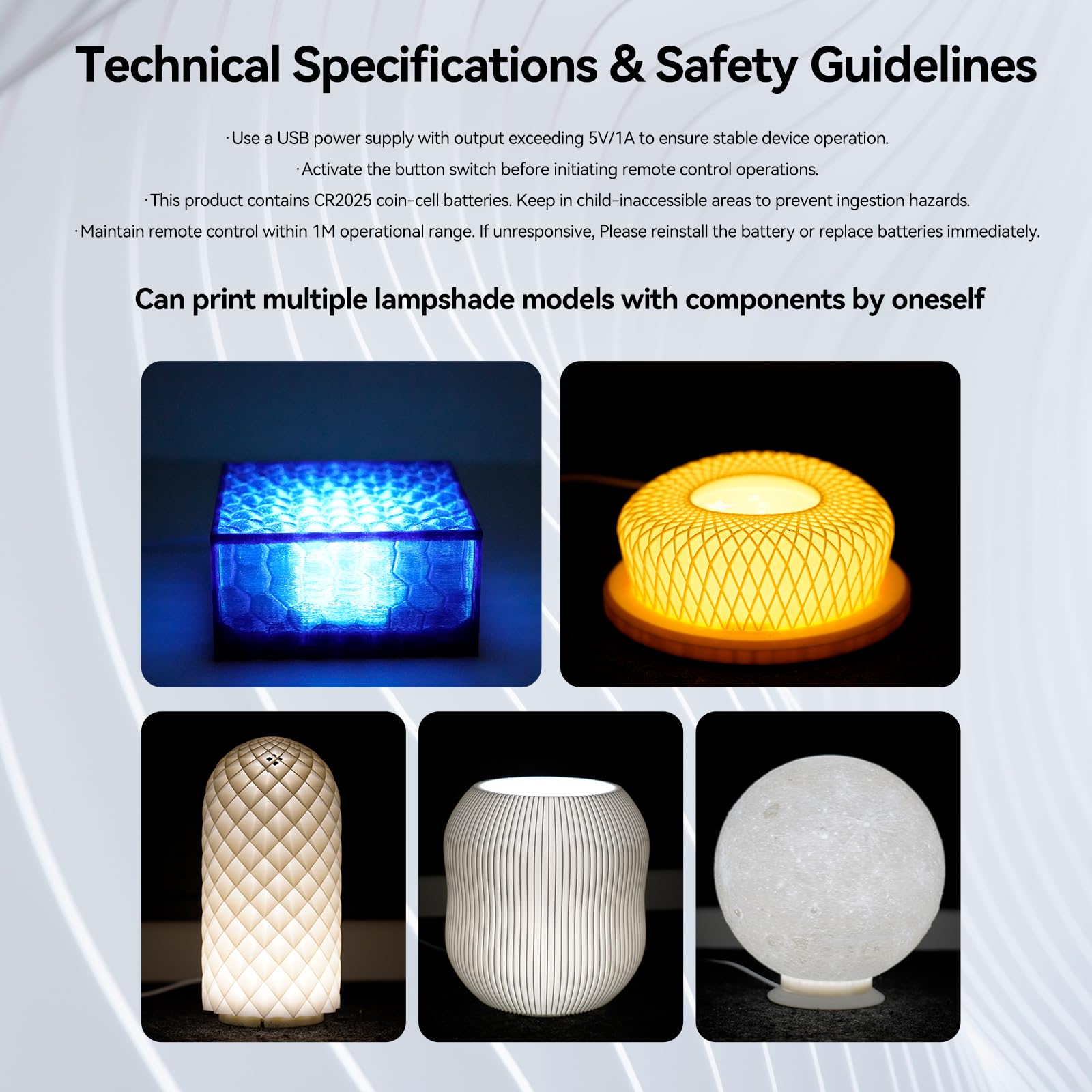 5PCS Remote Control RGB LED Lamp Kit 001 for Bambu Lab Multicolor RGB Includes Button Battery Makerworld 3D Printed DIY Hardware Model Spare Parts 5V USB Powered