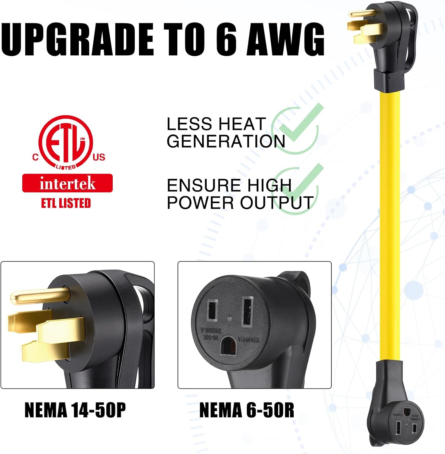 Tellegloww 3ft NEMA 14-50P to 6-50R 50Amp 6 AWG Welder Extension Cord 14-50P Male to 6-50R Female 50Amp 4 Prong RV Generator to 3 Prong Welder Power Adapter, STW 6 AWG/3C, ETL Listed
