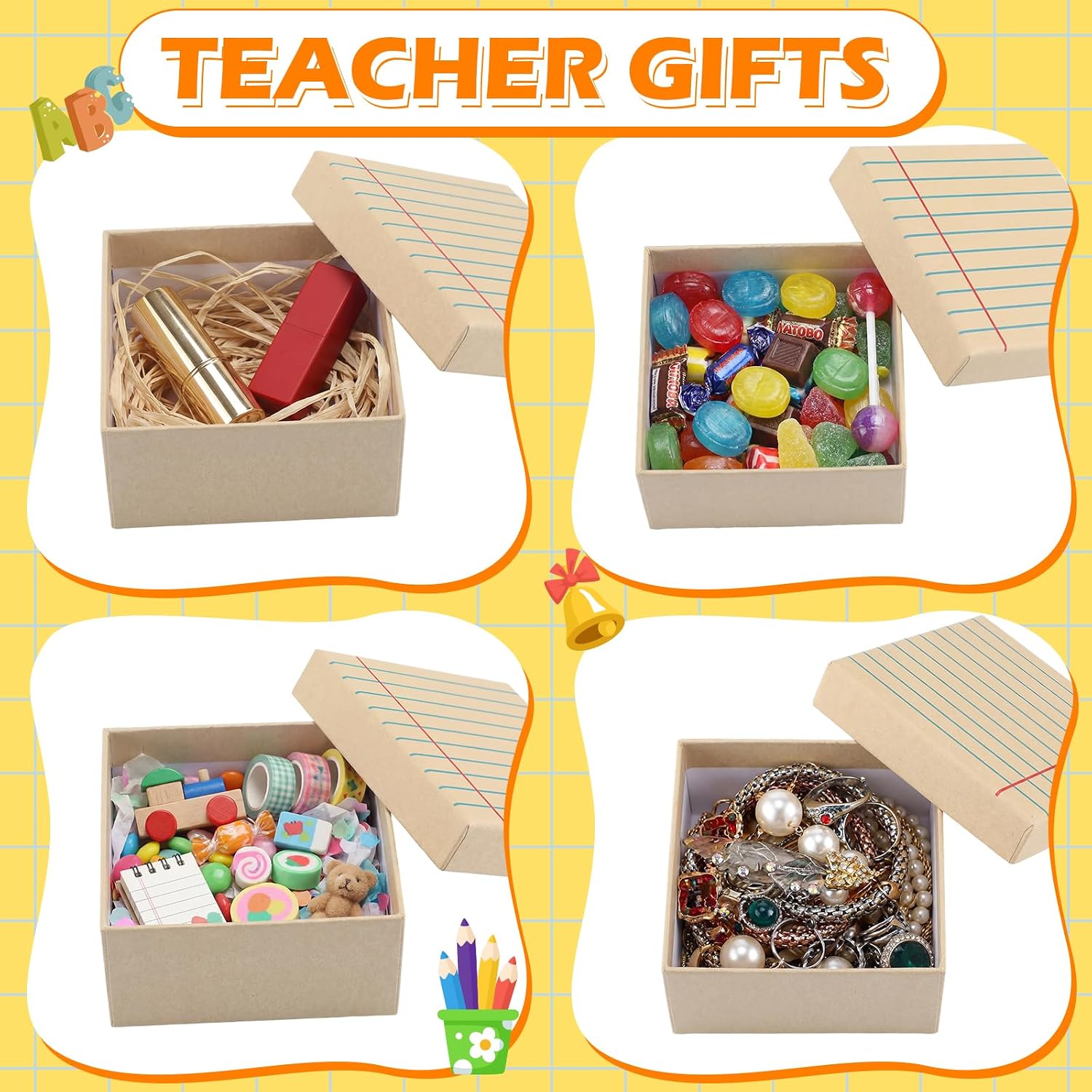 Chivertion 24 Set Paper Mache Teachers Appreciation Gift Boxes with Pencil Tags Lined Notebook Design for First Day of School Party Favors Back to School Thank You Gift Supplies