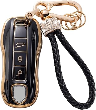 Gematay for Porsche Key Fob Cover with Keychain Lanyard, Soft TPU Key Fob Protector Shell Compatible with Porsche 911 Cayenne Panamera TAYCAN 3 Button Smart Key Case