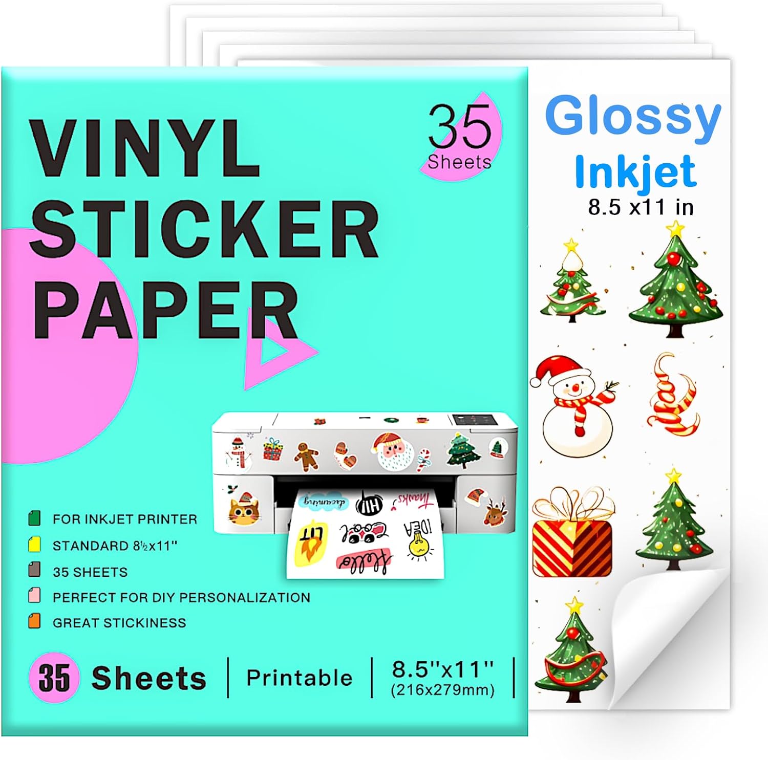 Printable Vinyl Sticker Paper for Inkjet Printer - 35 Sheets Glossy White - 8.5 x 11 - Waterproof Labels Paper, Dries Quickly,Vivid Colors,Tear Resistant,DIY Christmas Stickers