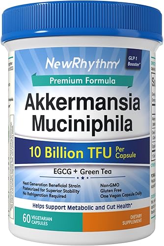 NewRhythm Akkermansia Muciniphila Probiótico, 10 mil millones de TFU, pasteurizado, máxima estabilidad, hoja de té verde EGCG, producción de GLP-1,