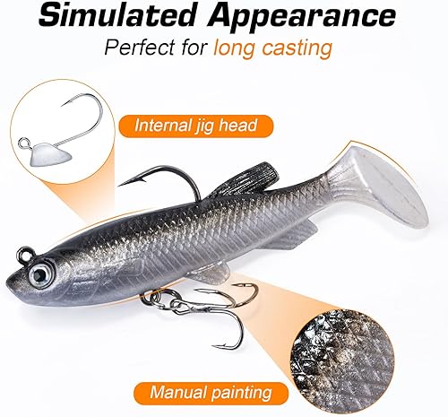 Miniatura 3 de Goture Señuelos de pesca suaves, señuelos de cola en T, señuelos de pesca Minnow Big Tail con cabeza de plantilla, señuelos de camarón suave,