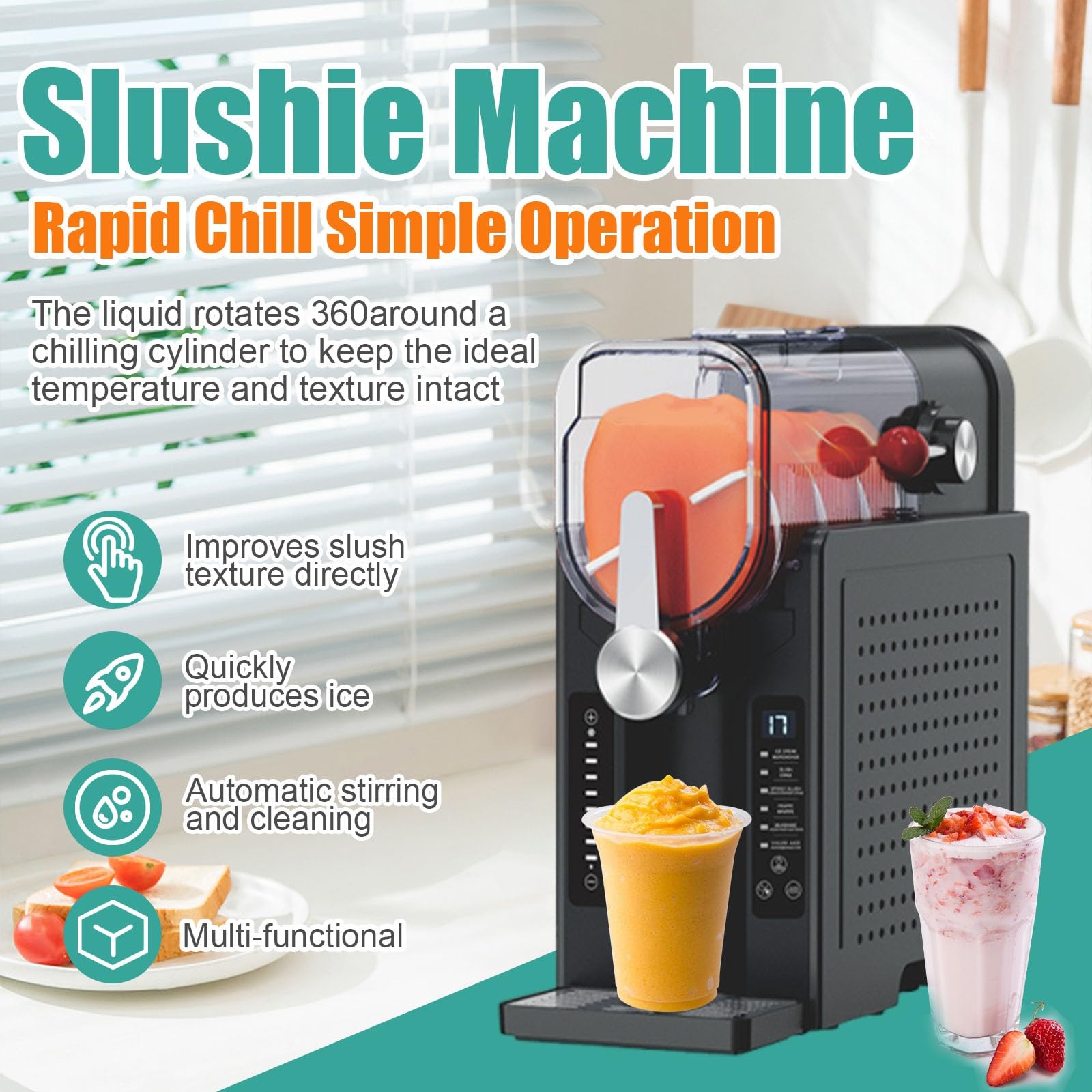 Macchina Slush Grande Capacità, Macchina Granita Grande Capacità 1.6L Capacità, Pulizia Automatica, Display LED, Senza Ghiaccio, Smoothie, Milkshake E Frappè