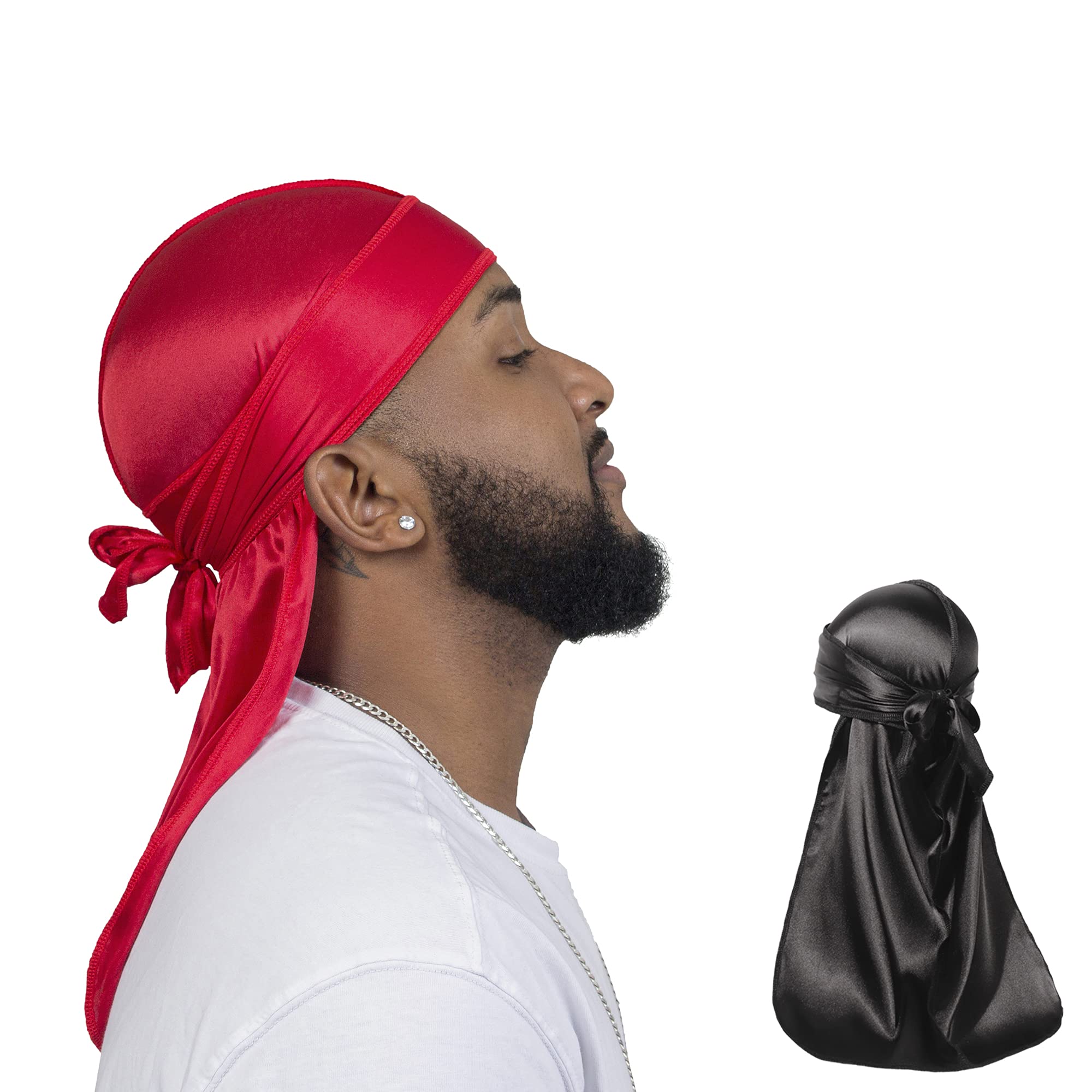ForceWave 2 Pieces Silky Durag Pack for Men Women Waves, Premium Satin Deluxe Du-rag (Black Red)