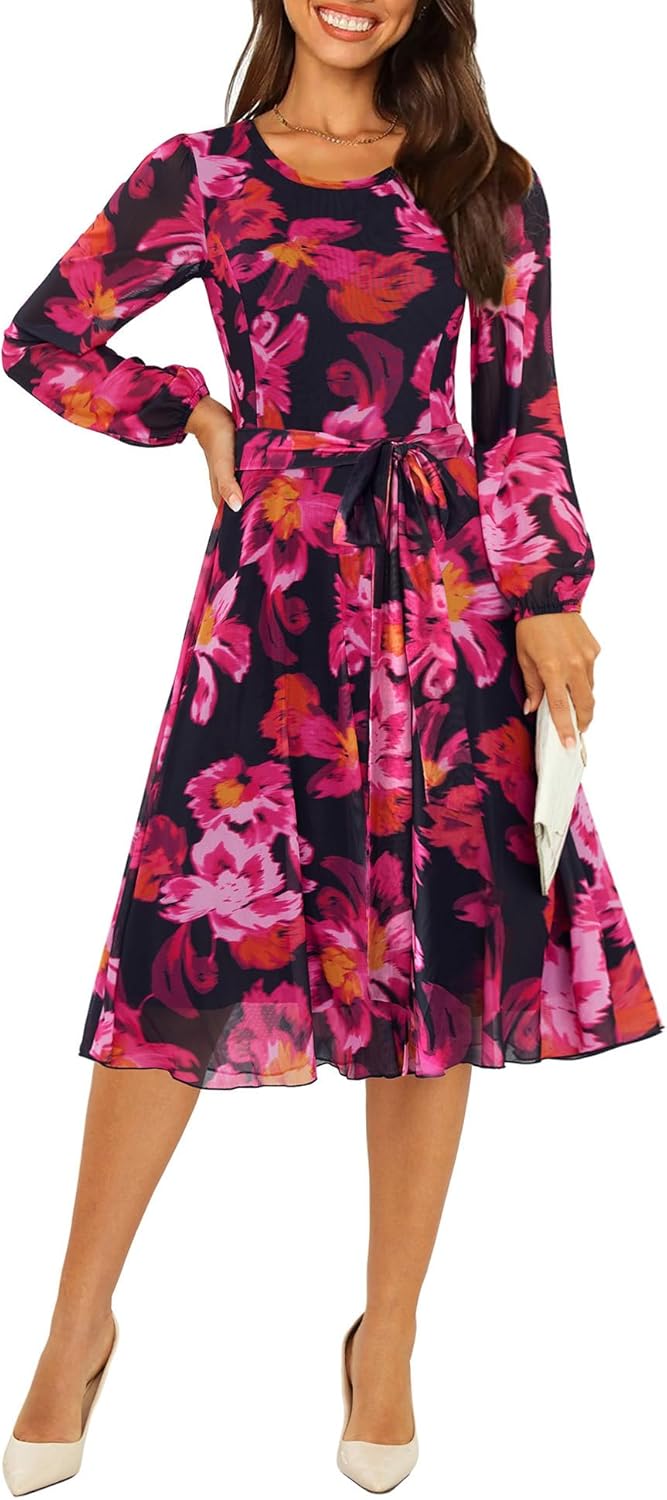 Zattcas Women's 2026 Spring Mesh Long Sleeve Floral Midi Dress Crew Neck A Line Flowy Cocktail Party Wedding Guest Dress