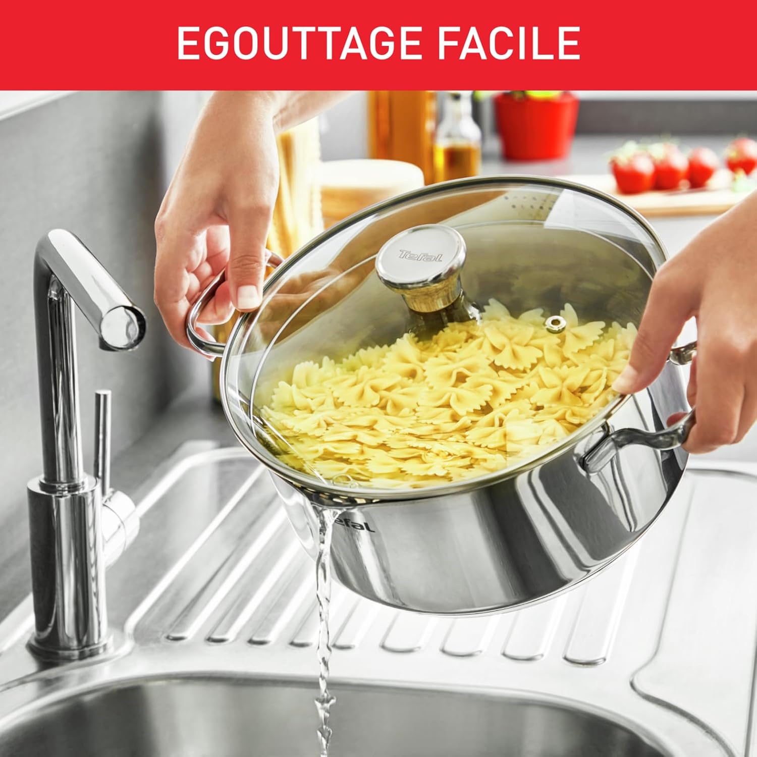 T-Fal 24cm 4.7L Stainless Steel Stockpot with Glass Lid and Steam Outlet, Silver