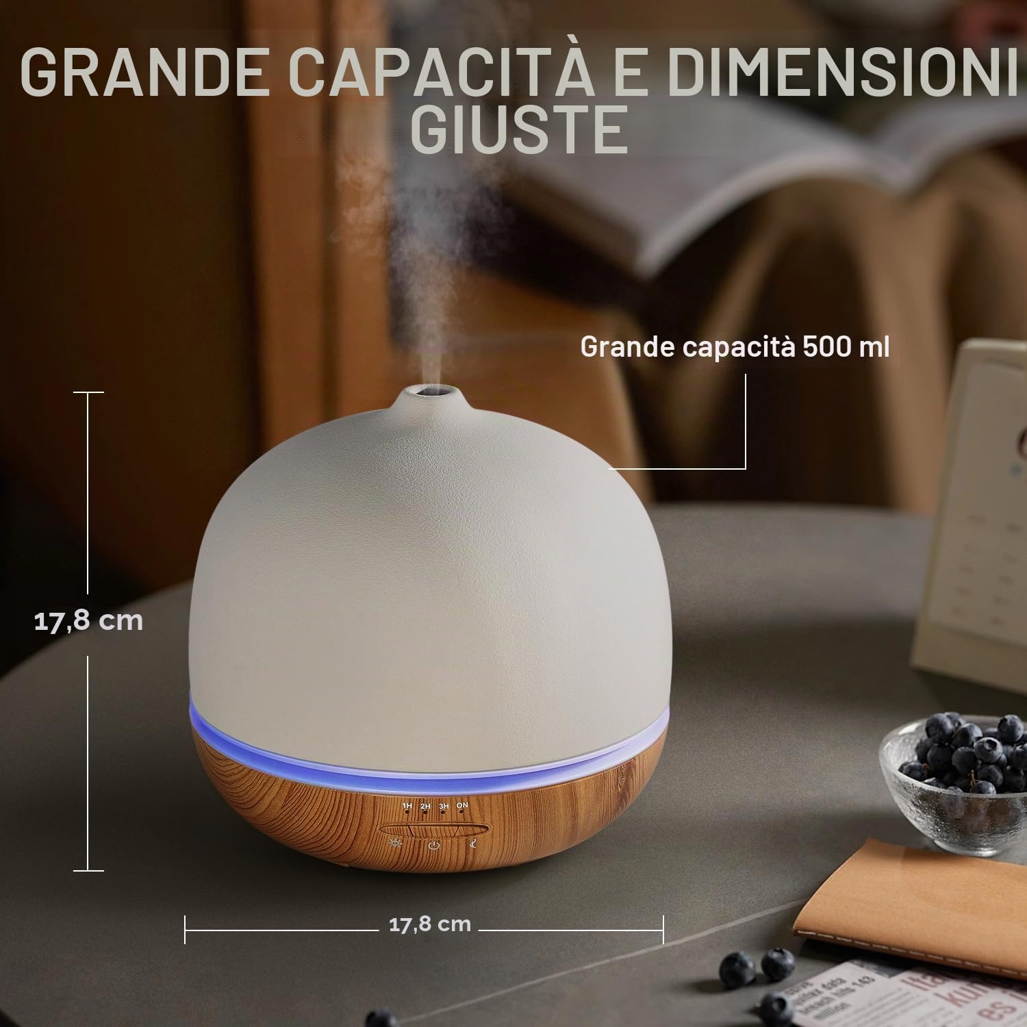 Diffusore in Ceramica 500ml a Ultrasuoni di Oli Essenziali - Impostazione Timer, 10 Colori LED, Senza BPA - per Camera da Letto e Soggiorno