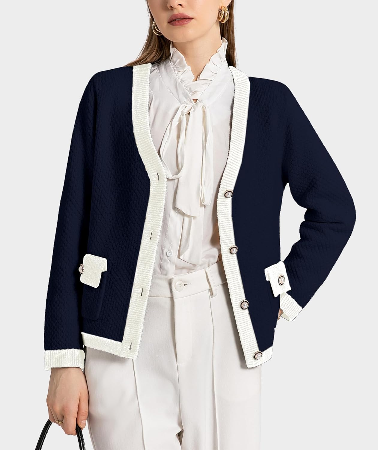 Casly Lamiit Women's Cardigan Sweaters Long Sleeve V Neck Button Down Knit Outerwear Spring Casual Open Front Cropped Jacket