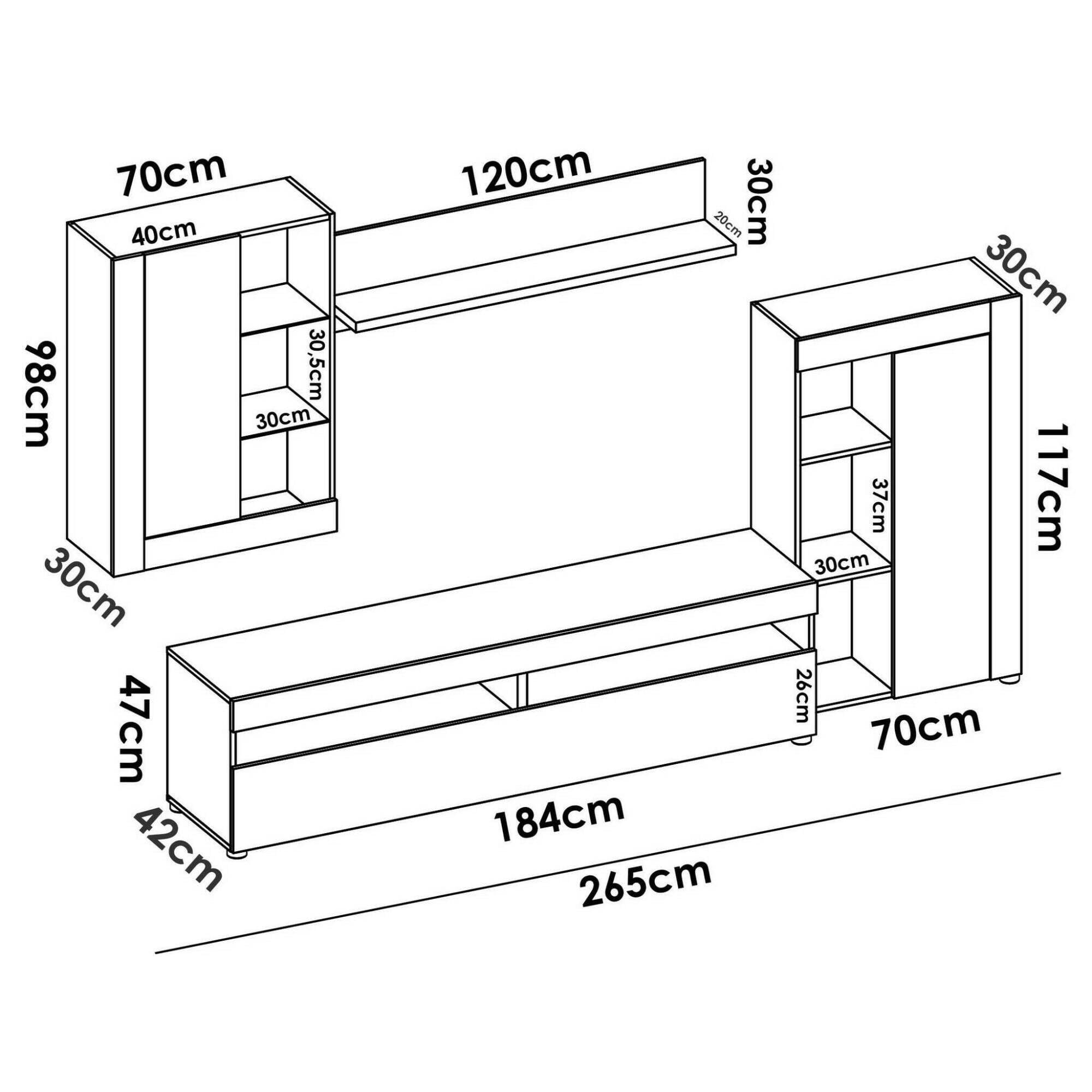 Dmora Beverin - Parete Attrezzata Componibile Per Salotto, Bianco E Cemento, 265x180cm - Foto 2