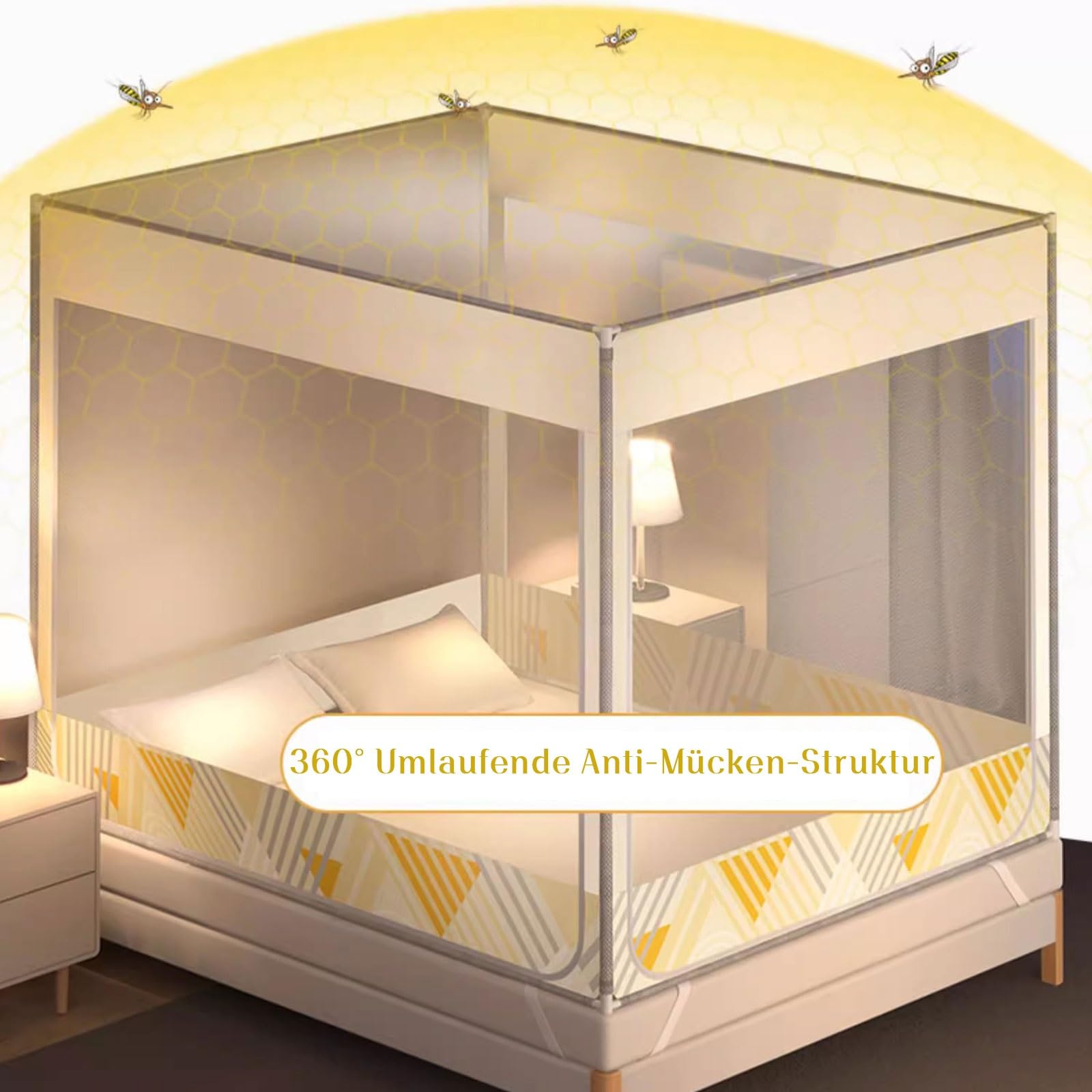 Rechteckiges Mückennetz Bett Polyester Feinmaschiges und Metall Ständer Einfache Installation Moskitonetz Doppelbett Einzelbett 360° Rundumsicht Fliegennetz Mosquitonetz Tragbares Moskitonetze