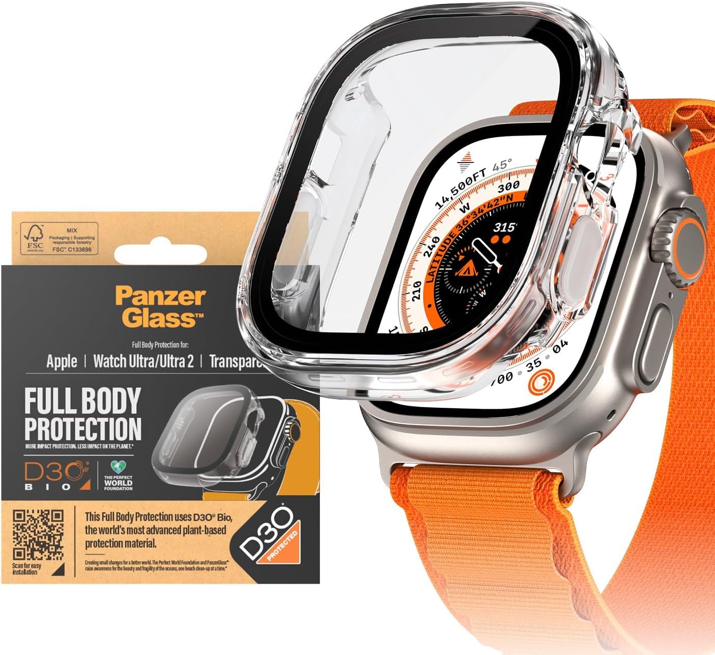 PanzerGlass™ Protezione Schermo per Apple Watch Ultra 2 - Custodia Protettiva Full Body con D3O® contro Graffi e Impatti, Realizzata in Vetro Temperato, Trasparente