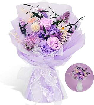 Rosaura Preserved Flowers Bouquets, Natural Real Roses for Delivery Prime, Forever Rose Bouquets Valentines Day, Mothers Day, Christmas, Birthday Gifts-Light Purple with vase