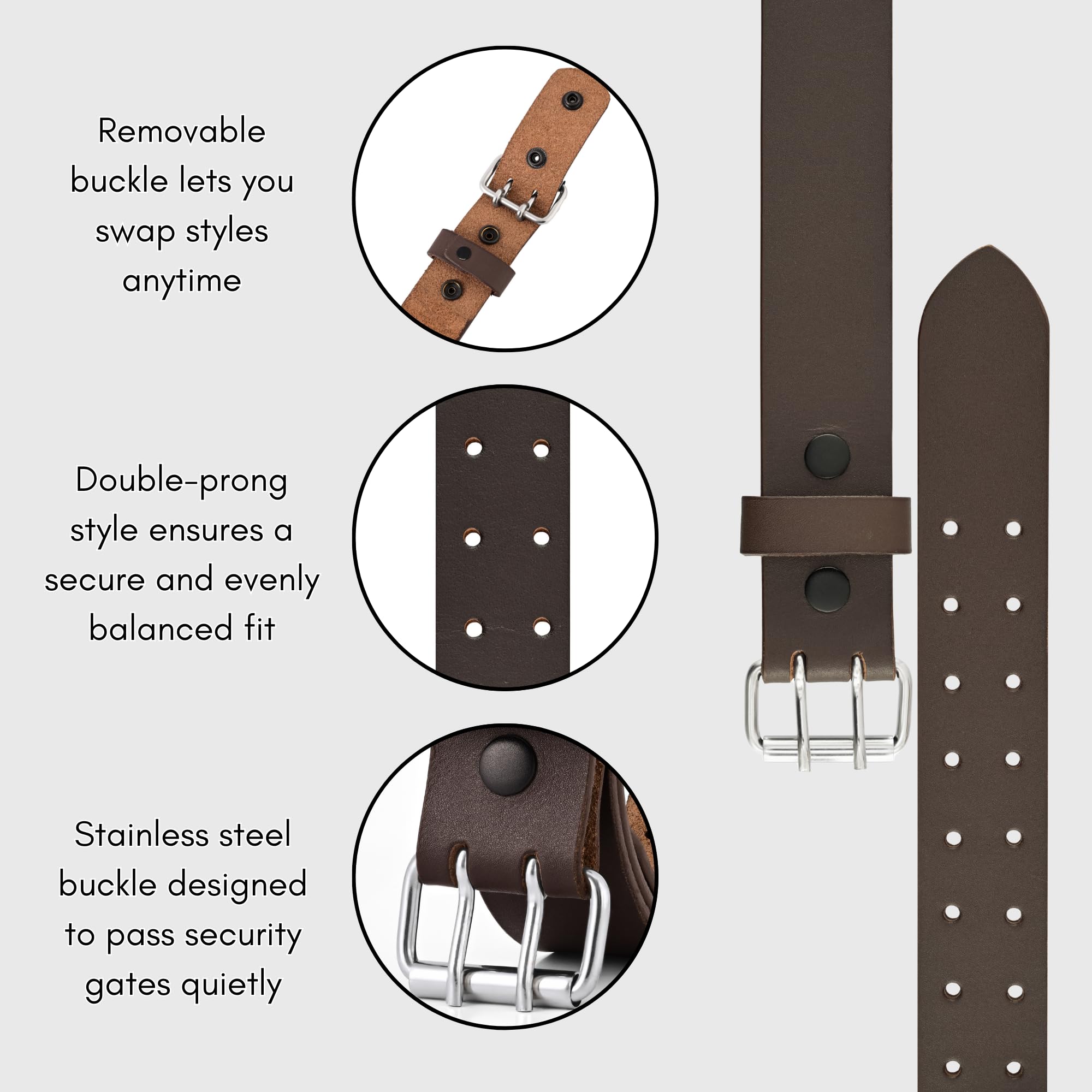 Leather Belts for Men Heavy Duty 1.75 Inch Wide Double Prong Casual Leather Grommet Belt