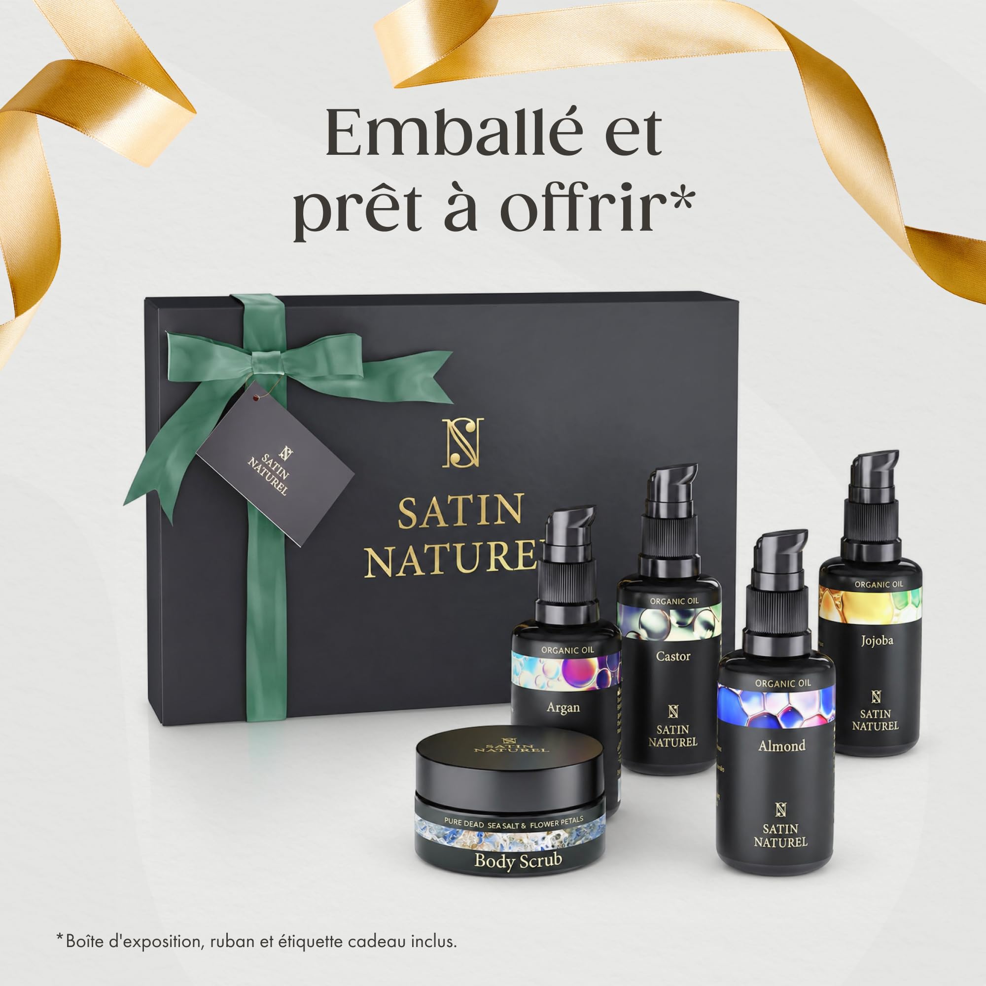 Satin Naturel Coffret Beauté 5x30ml – Huile d’Argan, Ricin, Amande & Jojoba & Gommage Corps – Coffret Cadeau Femme – Idée Cadeau Naturelle