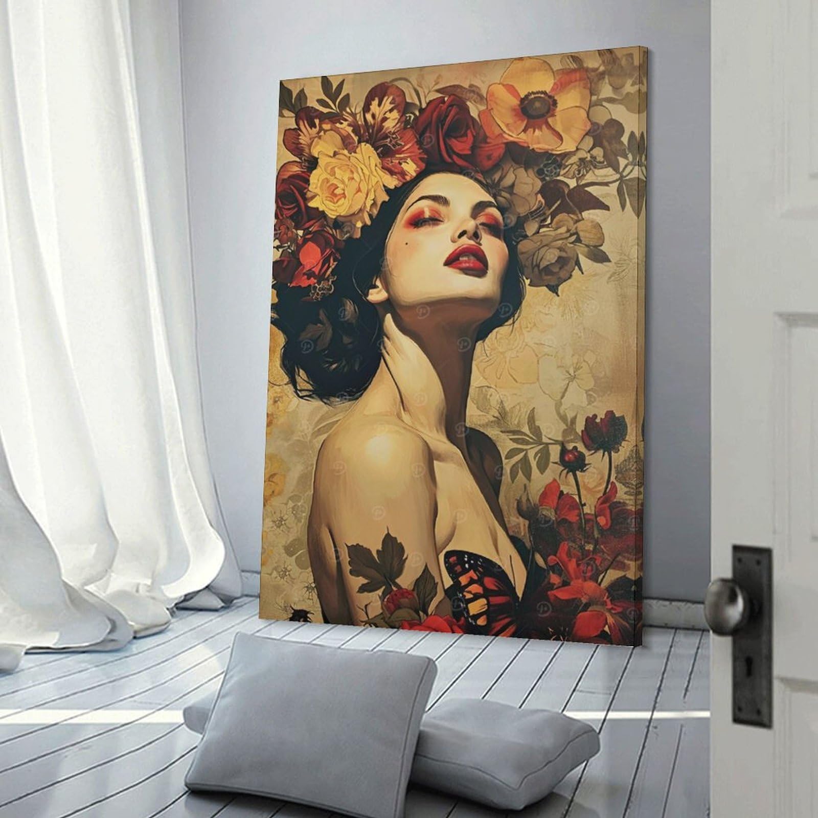 Junmoney Floral Woman Portrait with Butterfly Wall Art Print, 08x12inch(20x30cm), for Entryway, Lounge Links Or Small Walls, Decorative Wall Art for Narrow Spaces