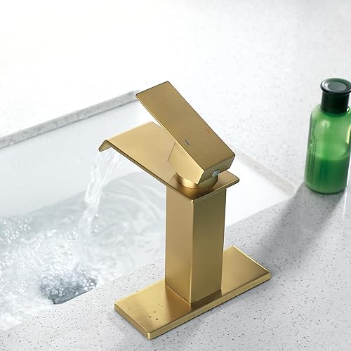 Miniatura 3 de Grifo de baño con cascada para lavabo de baño, grifo de lavabo de oro cepillado de una sola manija con placa de cubierta para 1 o 3 agujeros