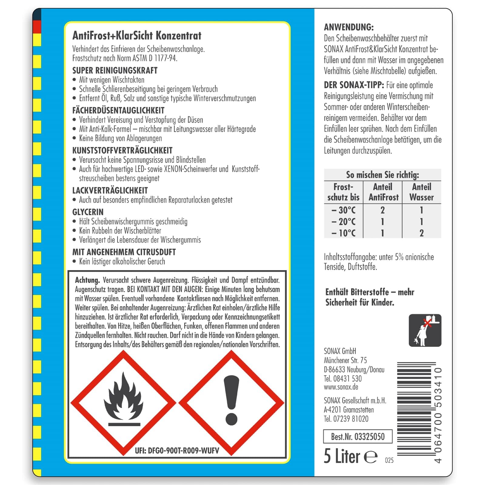 Sonax 3325050 Płyn do Spryskiwaczy, Niebieski, 5 l | Koncentrat do czyszczenia szyb z ochroną przed zamarzaniem do spryskiwaczy