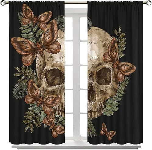 Miniatura 8 de Cortinas opacas de calavera de Halloween, diseño de mariposa, gótico, esqueleto, negro, con bolsillo para barra, para dormitorio, sala de estar,